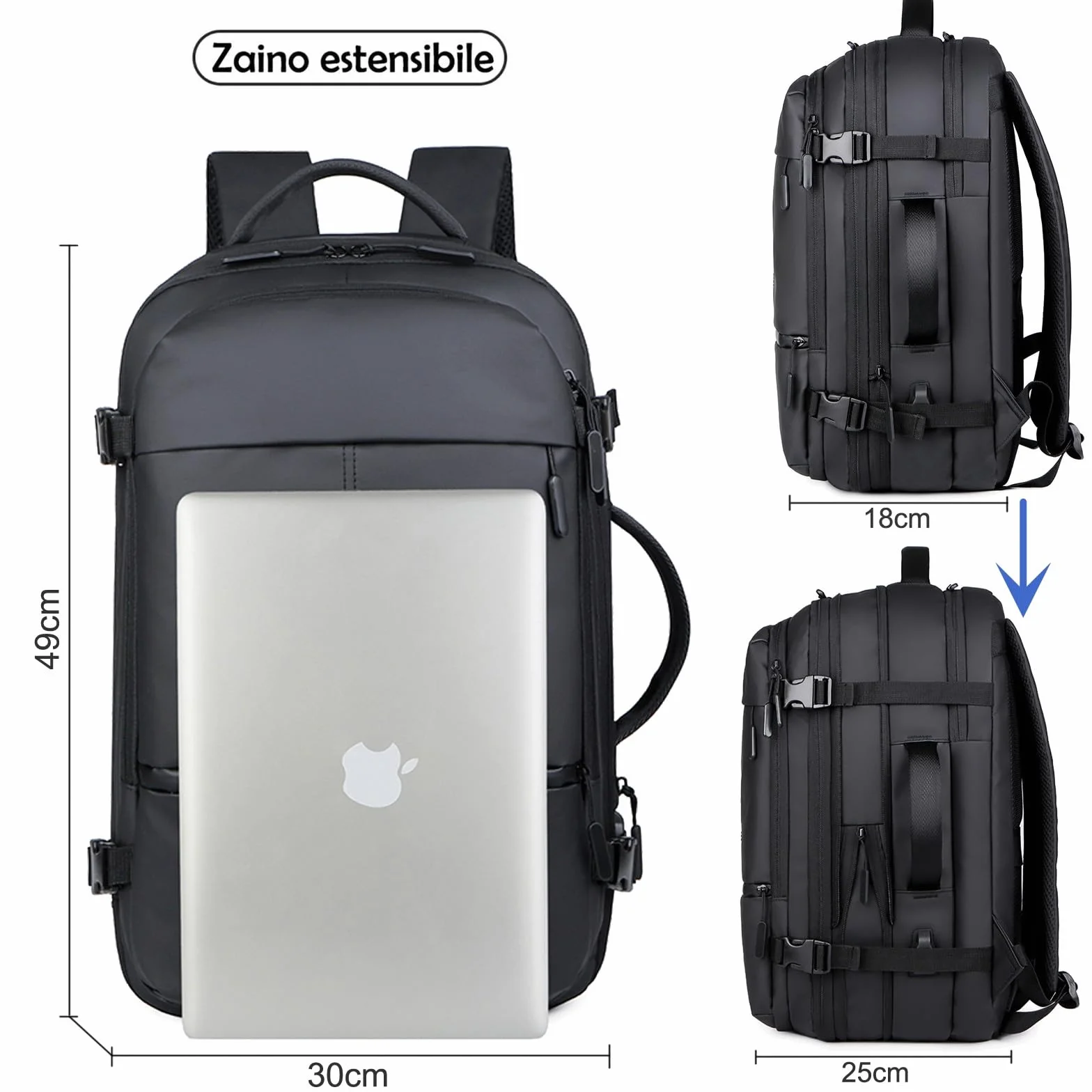 Mixroom - Zaino da Viaggio Estendibile Impermeabile Porta PC Per Uomo Valigia Bagaglio a mano 25x30x49 cm Borsa Grande Custodia Porta Computer Portatile fino ai 16 pollici Con Ricarica USB Nero Z31