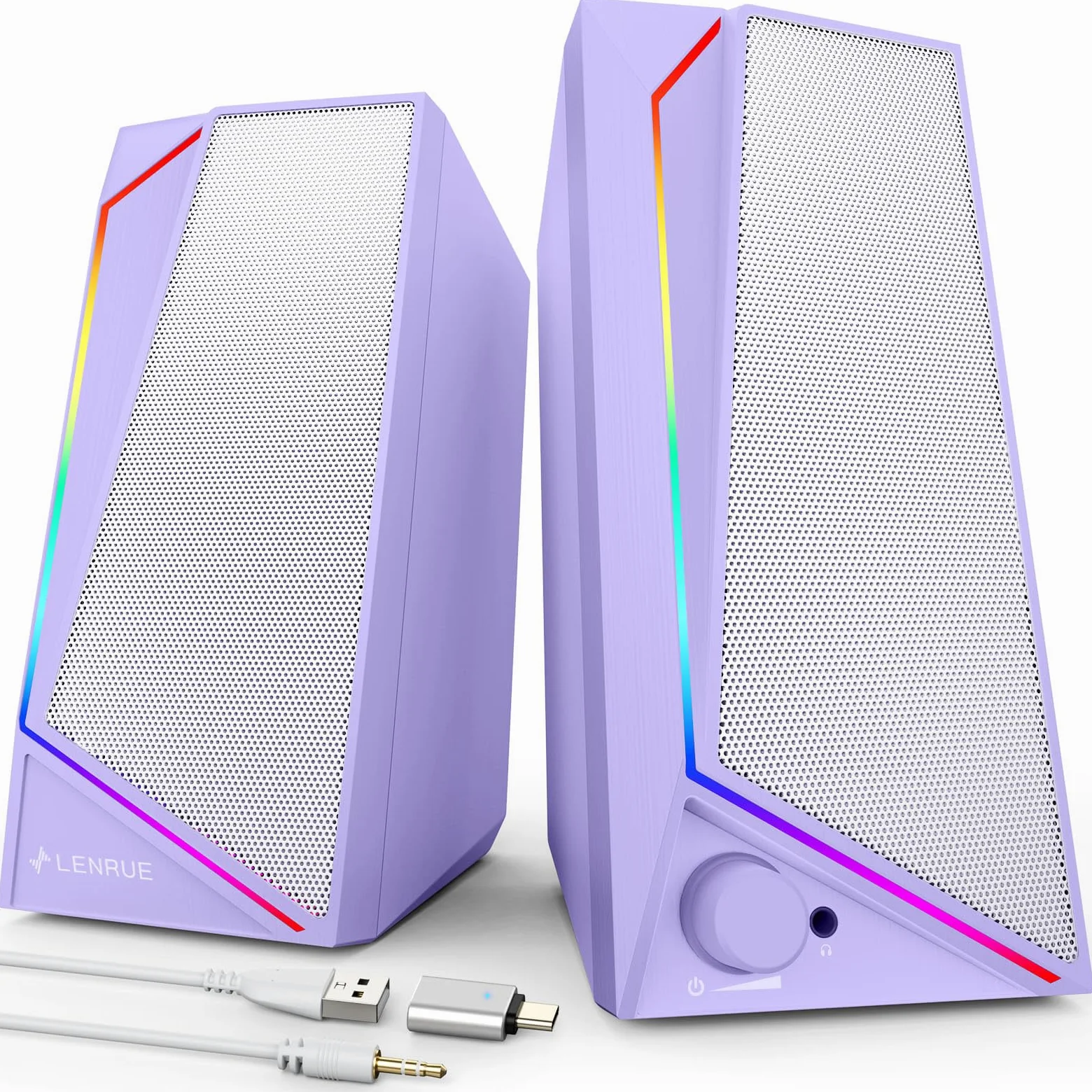 LENRUE Altoparlanti per computer, audio AUX alimentato tramite USB/USB-C per altoparlanti del PC con suono stereo forte, ingresso cuffie, luci touch per desktop, computer, laptop, scrivania