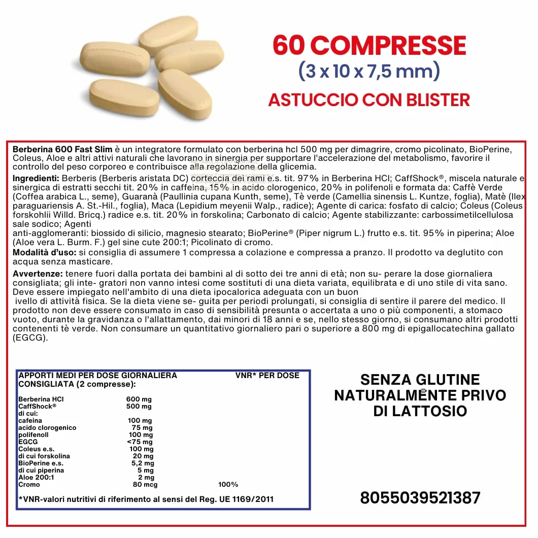 DietaLinea Berberina 600 Fat Slim con CaffShock Integratore con Cromo Picolinato e Coleus 60 Compresse