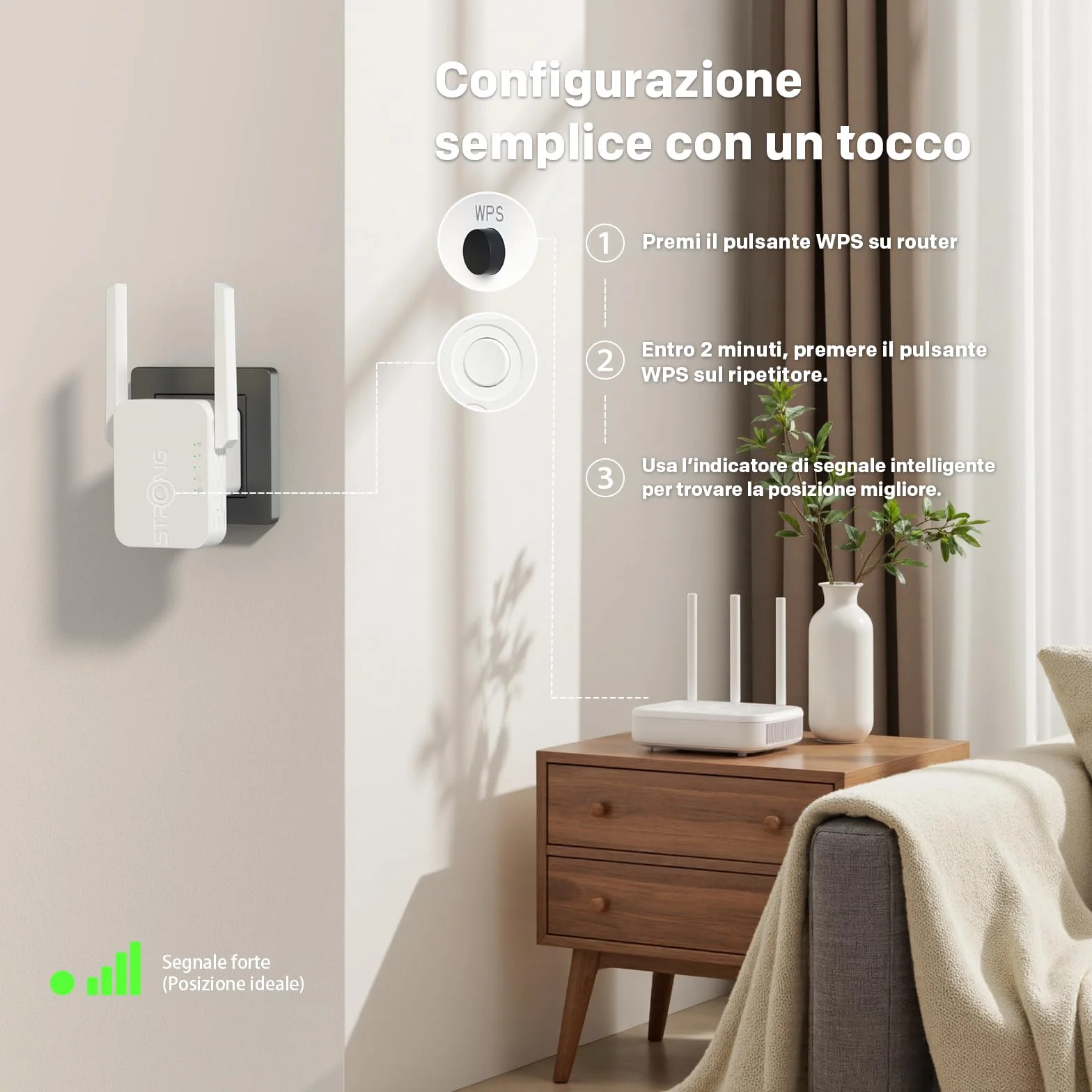 STRONG Ripetitore WiFi 300 Mbps da presa muro – Amplificatore WiFi potente per casa, WiFi extender con WPS, porta LAN, modalità access point, copertura segnale stabile