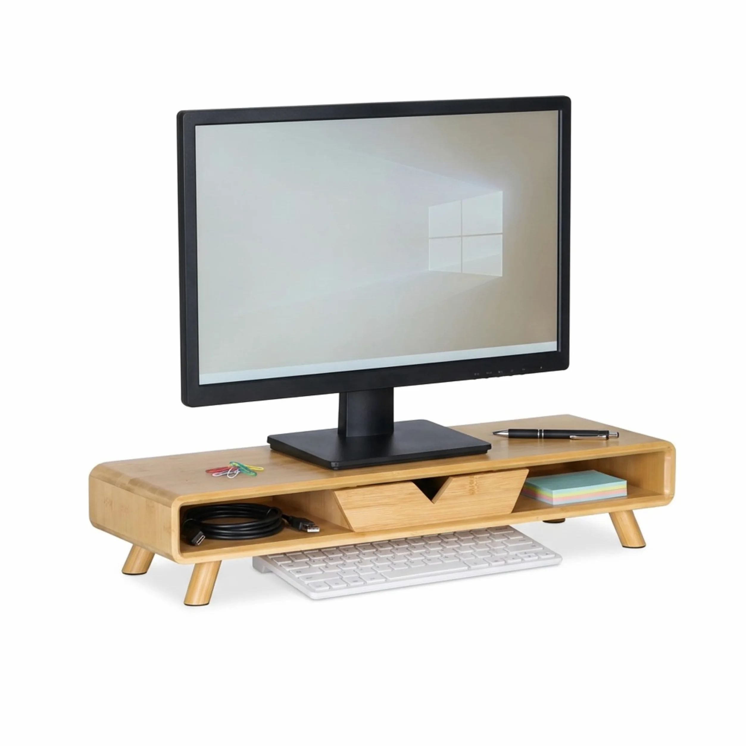 Relaxdays Rialzo Monitor, 2 Scomparti e cassetto, A x L x P: 13 x 62 x 20,5 cm, bambù, scrivania