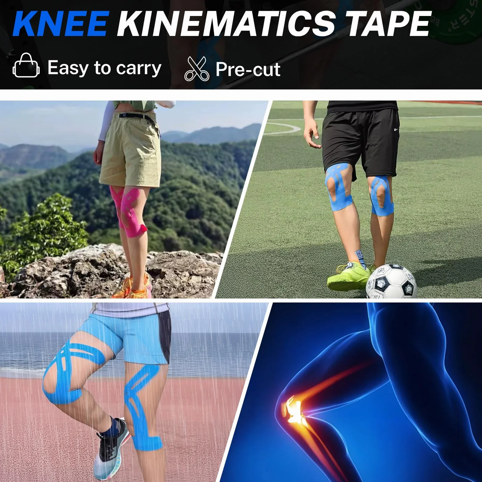 Nastro Kinesiologico Ginocchio Blu Pretagliato Impermeabile 10 Pezzi