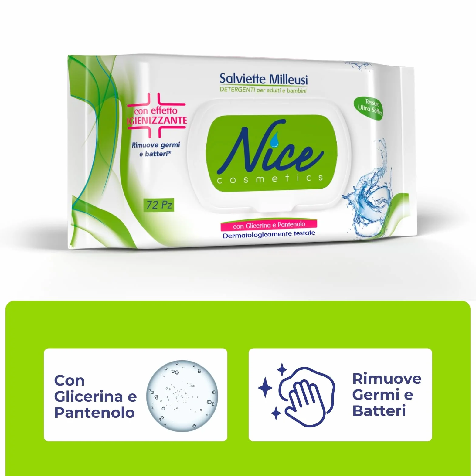 Nice Salviette Milleusi Igienizzanti con Glicerina e Pantenolo, 72 Salviette Umidificate