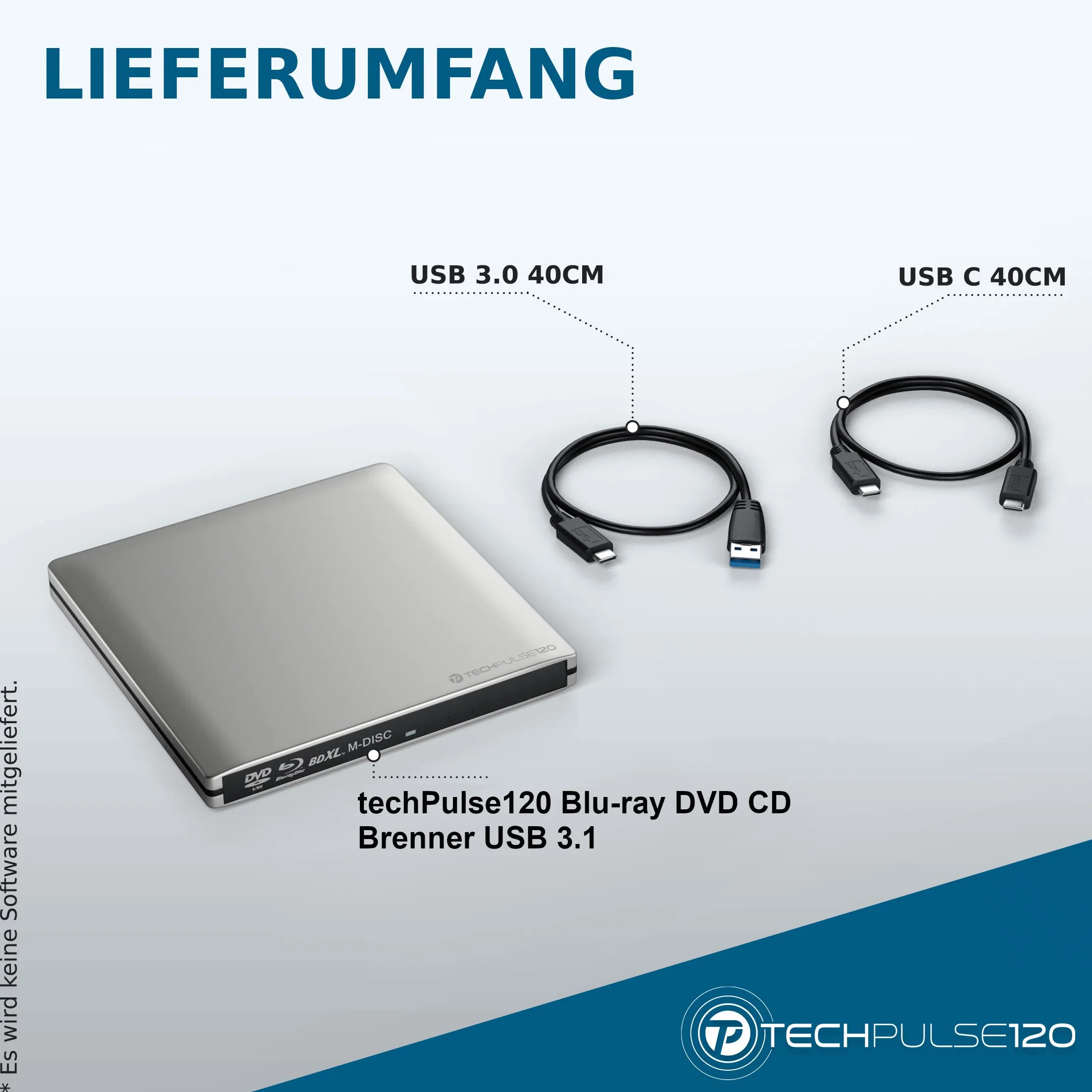 techPulse120 Esterno USB 3.1 Masterizzatore Lettore Blu-ray Blue BD Player BDXL Burner per PC USB-C M-Disc lettori BluRay USB Alu Argento