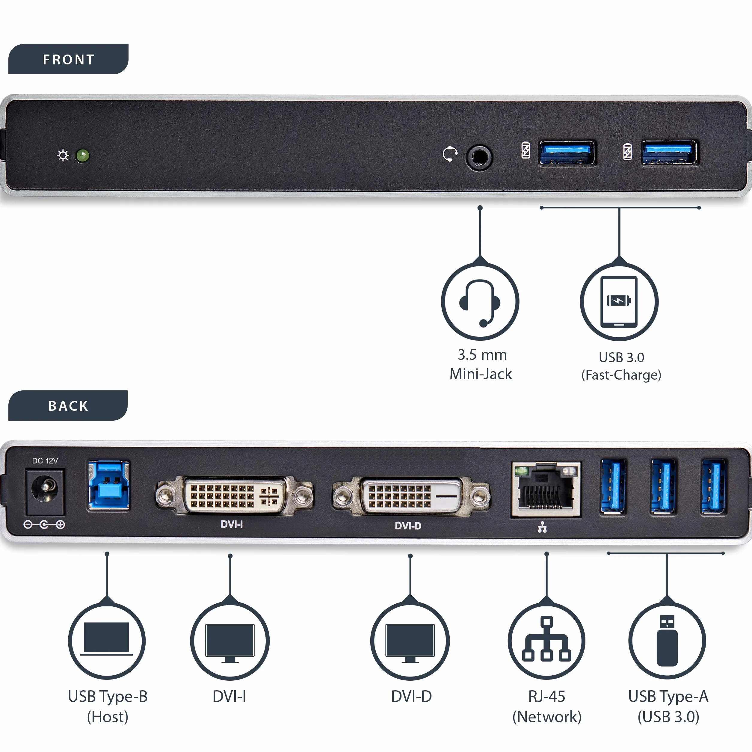 StarTech.com Docking station USB 3.0 a doppio monitor con adattatori da DVI a VGA e HDMI, 5x USB 3.0 , Connettori audio e microfono, Ethernet, Dock DVI verticale per Mac e Windows (USB3SDOCKDD)