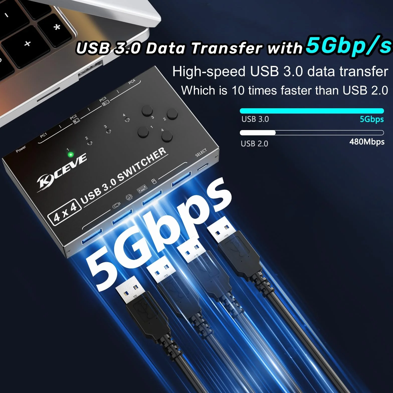 Switch USB 3.0 4 computer, selettore switch USB a 4 porte Condivisione di 4 dispositivi USB, mouse, tastiera, scanner, stampante, PC Compatibile con Mac/Windows/Linux. Con telecomando cablato