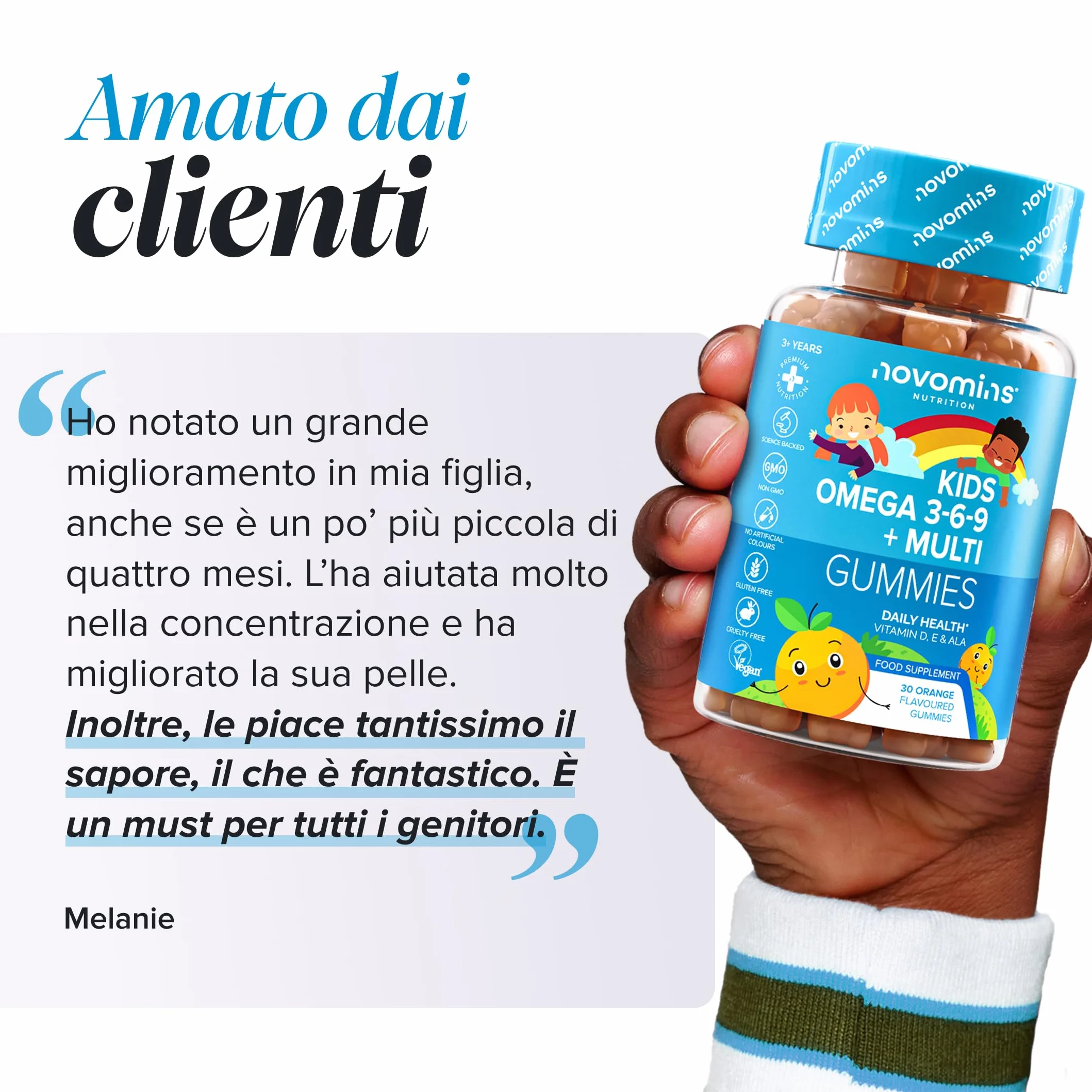 Novomins Omega 3 6 9 Vegan Gommose per Bambini con ALA Olio di Perilla 50mg Vitamine D ed E 30 Gusto Arancia