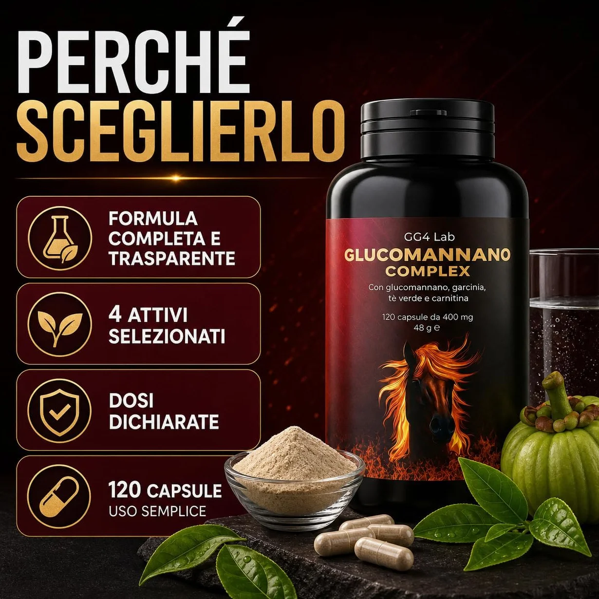 GG4Lab Glucomannano Konjac 1200mg 120 Capsule Fibra Saziante con L-Carnitina e Tè Verde Vegano Senza Glutine