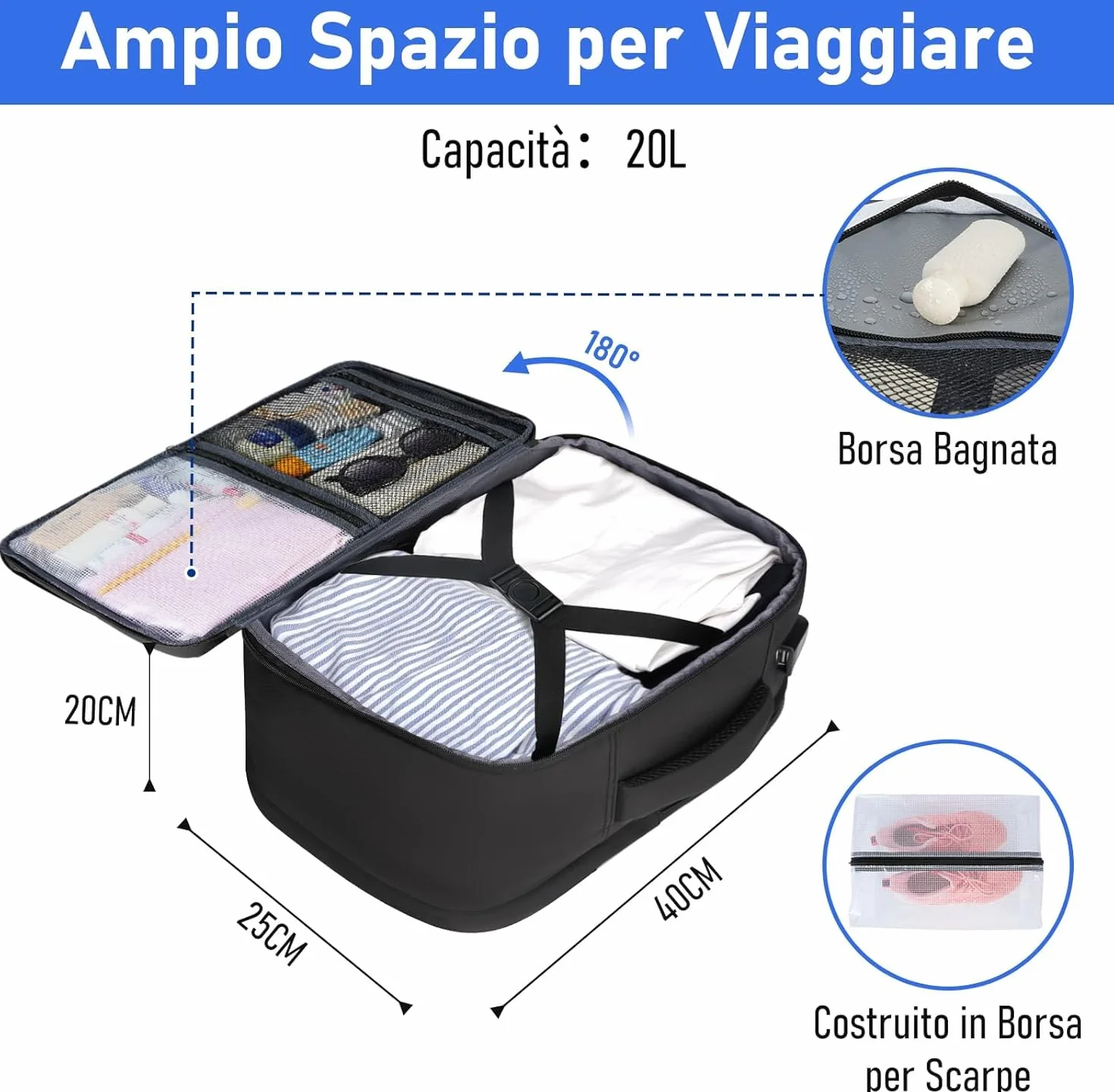 Taygeer Zaino 40x30x20 per Ryanair e Wizzair, Zaino da Viaggio Aereo Bagaglio a Mano Piccolo con Portascarpe, Borse da Cabina Uomo Donna Impermeabile Zaini Porta PC 14 Pollici per Scuola Lavoro, Nero