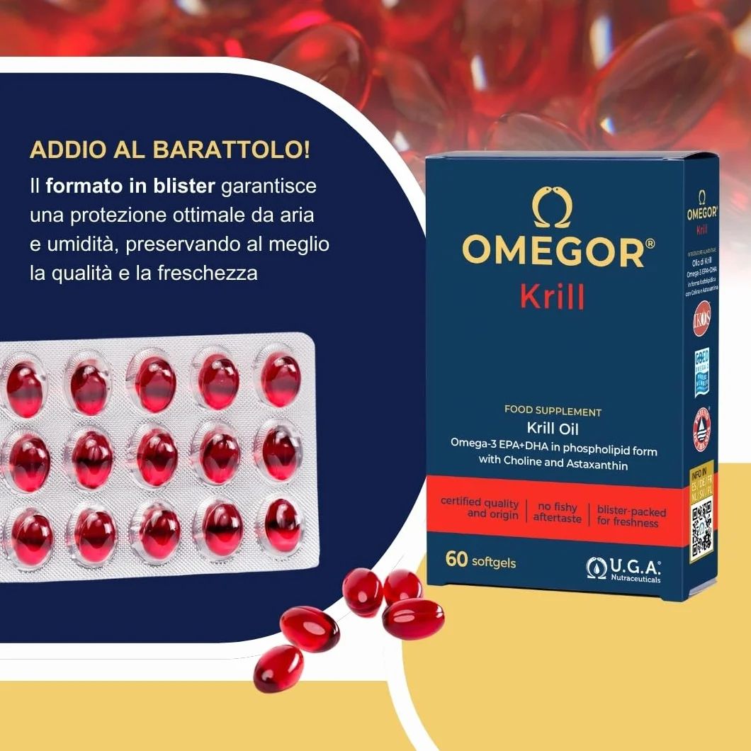 OMEGOR® Puro Olio di Krill Antartico 660mg Fosfolipidi 82.6mg Colina 100mcg Astaxantina 250mg EPA DHA 60 Perle