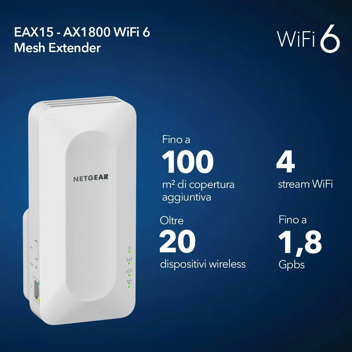 NETGEAR Ripetitore WiFi 6 (EAX15) Ripetitore WiFi Potente per la casa, Dual-Band, Copertura fino 100㎡, Range Extender Amplificatore, Tutti gli operatori Internet