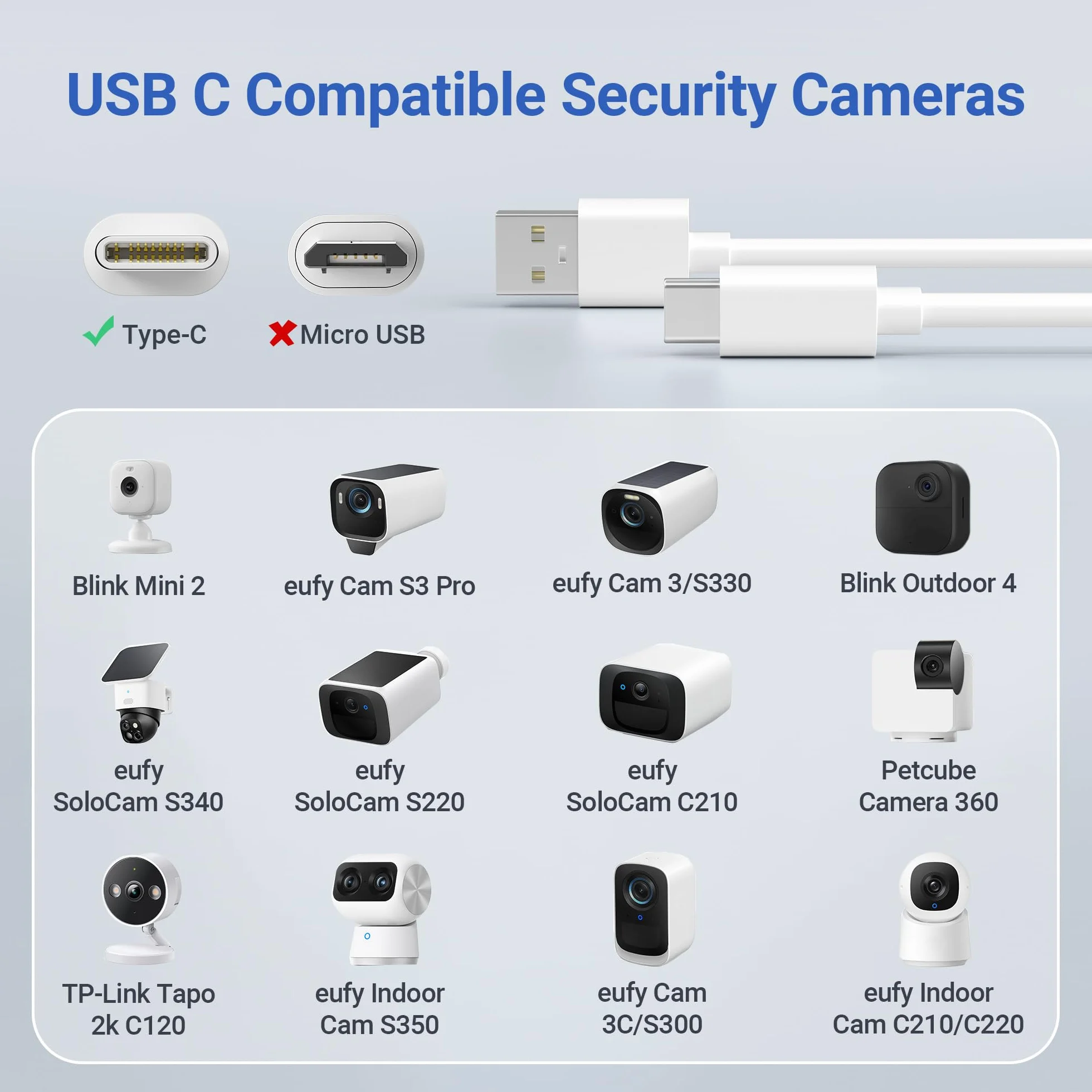 BASESAILOR Cavo di Ricarica USB A a USB C 6M/2P,Cavi di Prolunga Alimentazione da Tipo A Compatibile per Xiaomi Smart Camera C400,Eufy SoloCam C210/S340/S220,Indoor Cam S350/C220,TP-Link Tapo 2k C120