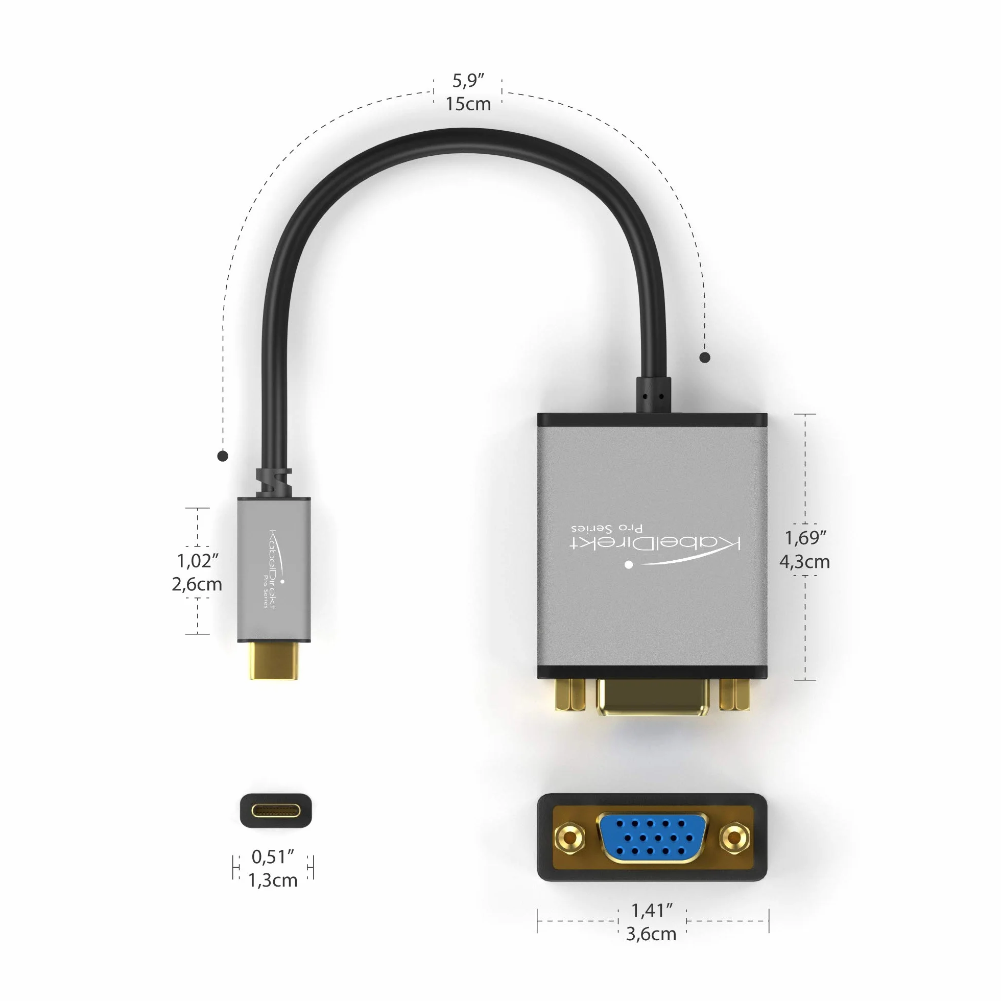 KabelDirekt – USB tipo C per adattatore VGA – 0,15 m – (risoluzioni fino a 1920 x 1200/60 Hz, USB C 3.1 e Thunderbolt 3, per MacBook Pro 2016/2017, MacBook 12“ e altri apparecchi)