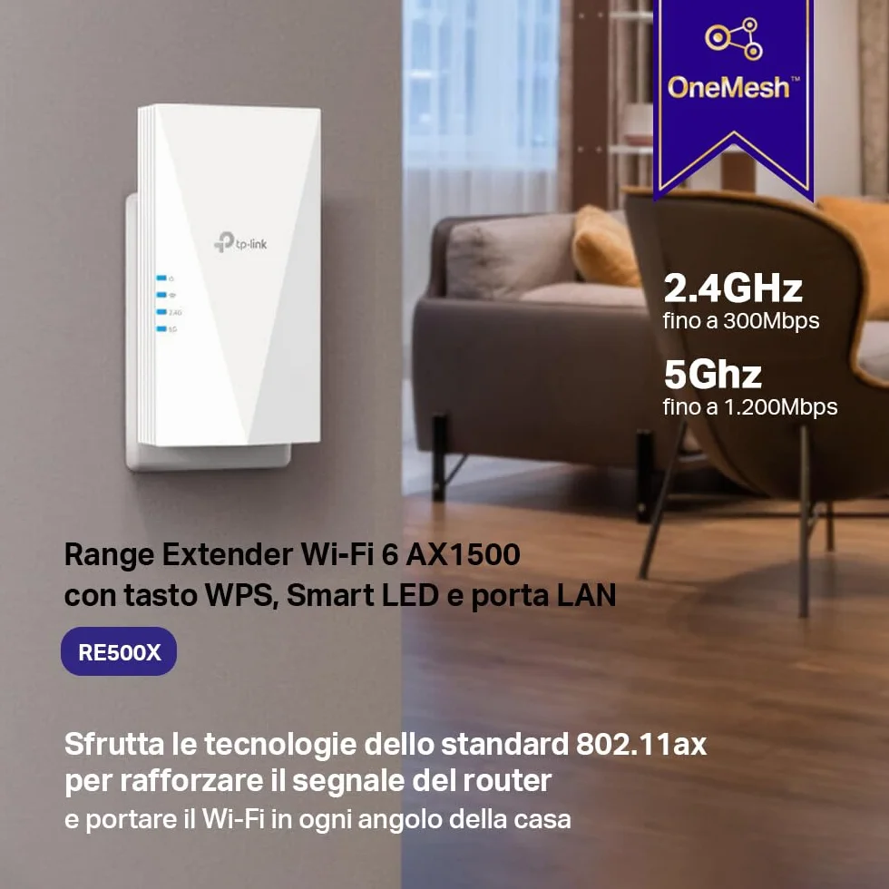TP-Link Ripetitore WiFi 6 RE500X, Amplificatore Dual Band AX1500Mbps, Extender WiFi, 1 Porta Gigabit Ethernet