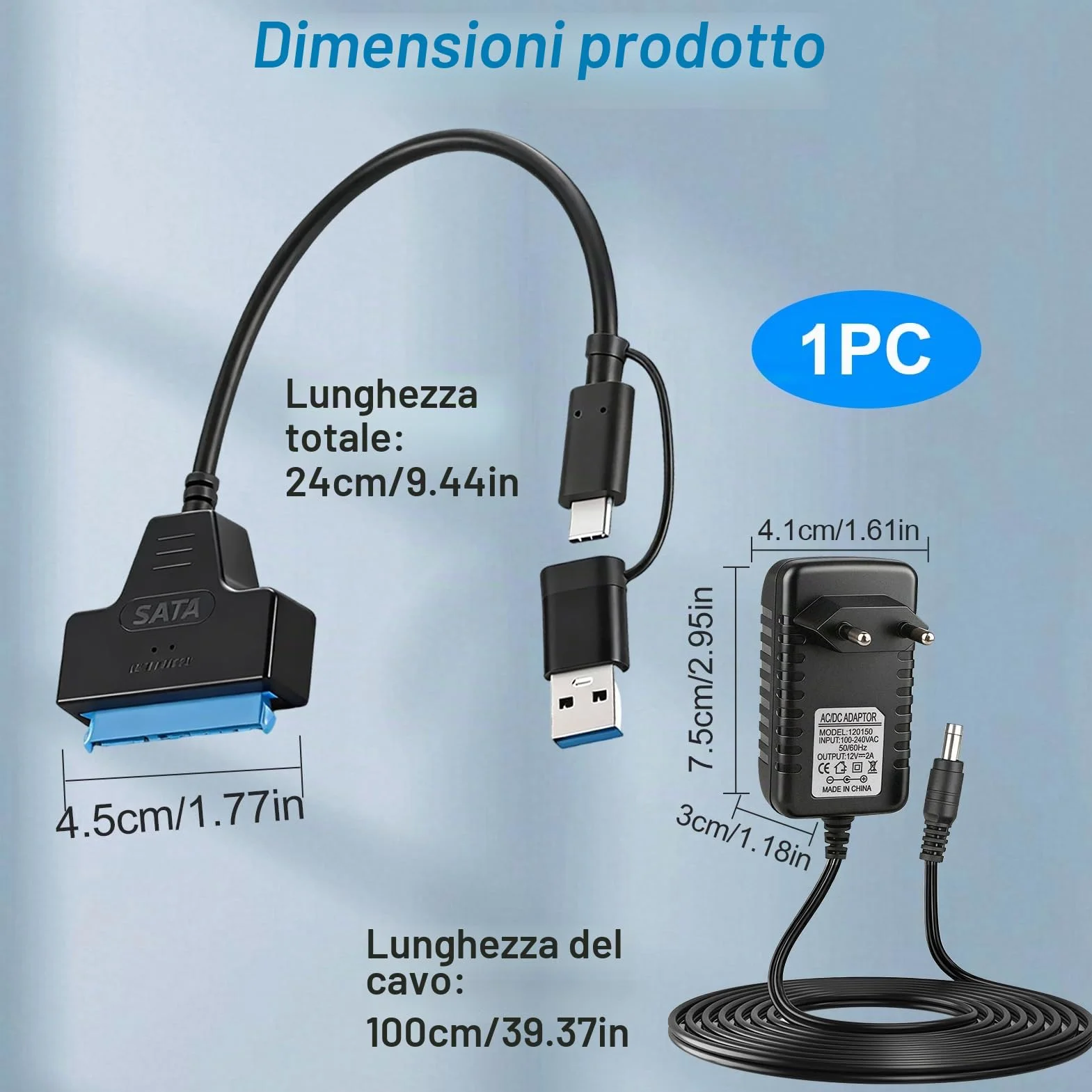 Adattatore SATA USB 3.0 per SSD/HDD 2,5 e 3,5 pollici 12V 2A UASP