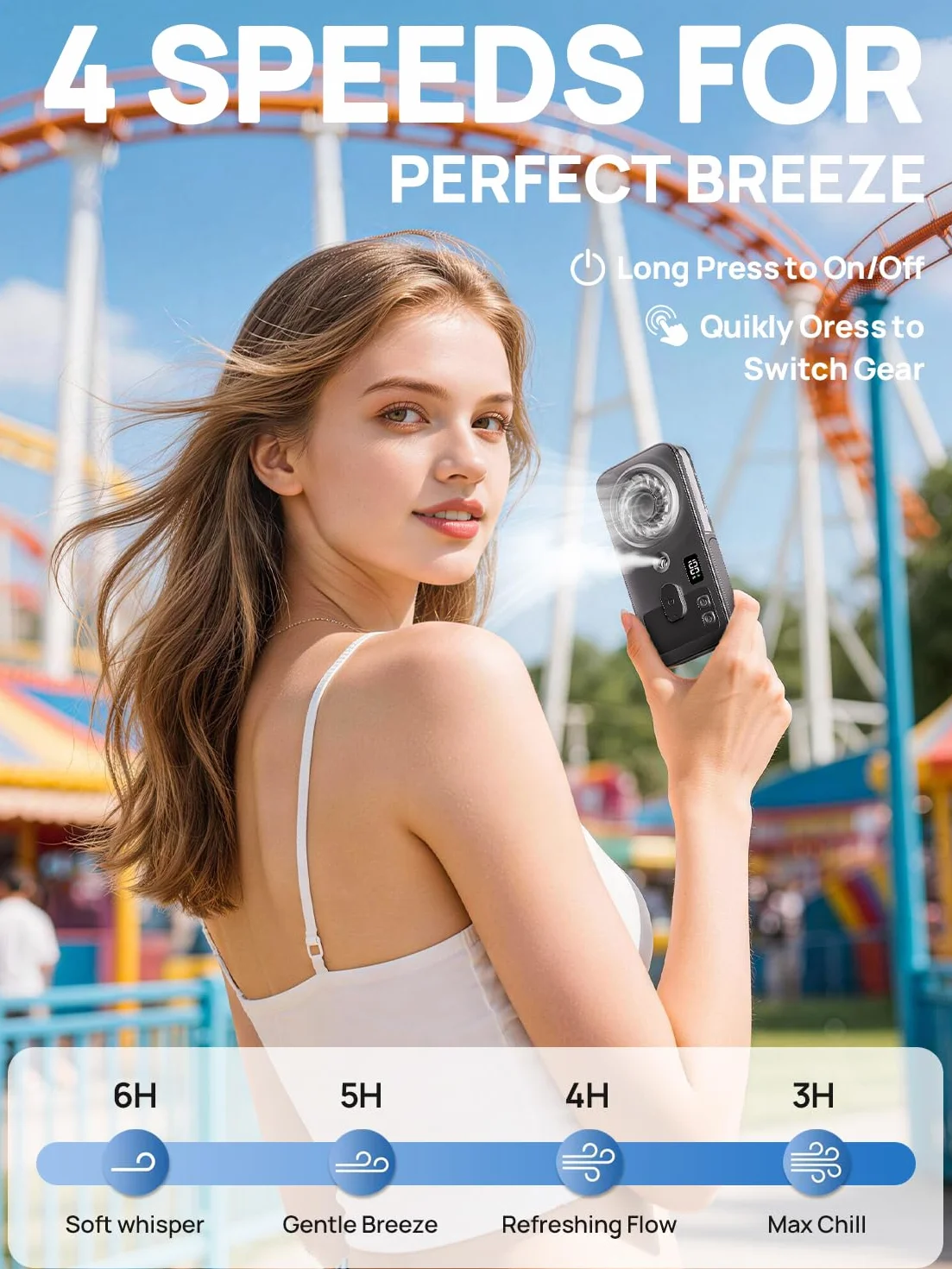 Kssvzz Mini Ventilatore Portatile a Spruzzo con Clip, Handheld Nebbia Ricaricabile Personale con 4 Velocità, Silenzioso Leggero per Ufficio Domestico, Esterno, Viaggio & Spiaggia