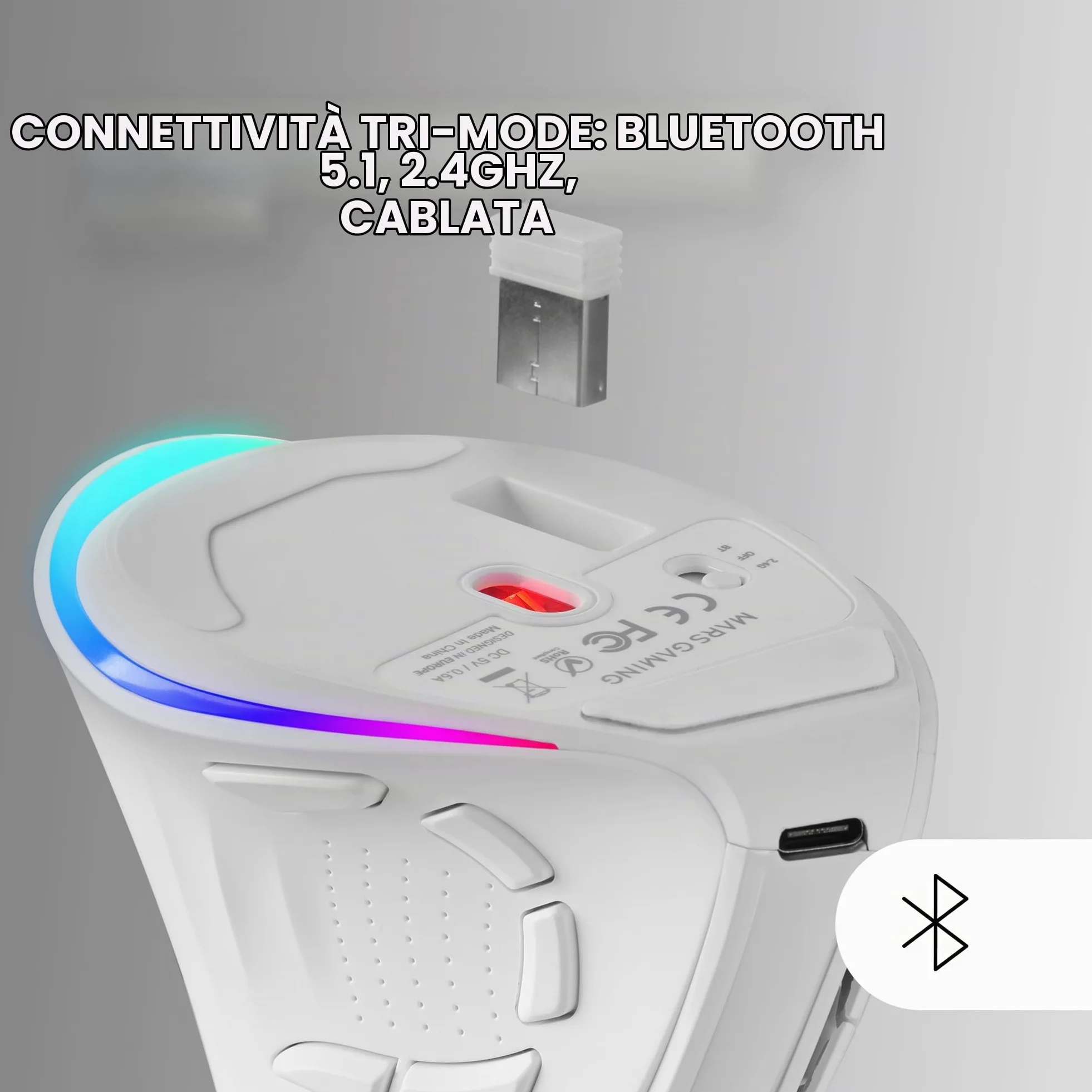 Mars Gaming MM-SK, Mouse Gaming Wireless Verticale, Design Ergonomico, Illuminazione RGB Chroma, Sensore Ottico Pixart 8400DPI, Switch Meccanici Huano, 9 Pulsanti Programmabili, Mouse Tri-Mode, Bianco
