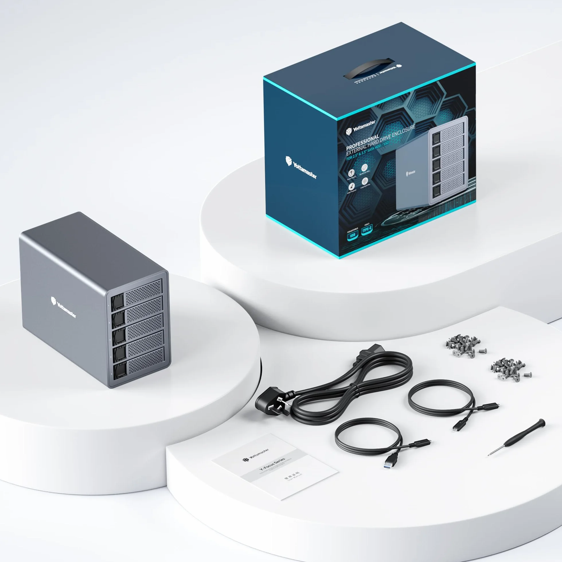 Yottamaster 10Gbps 5 Bay HDD Case Esterno Daisy Chain Type-C per 2.5/3.5 HDD SSD Supporto 24TB