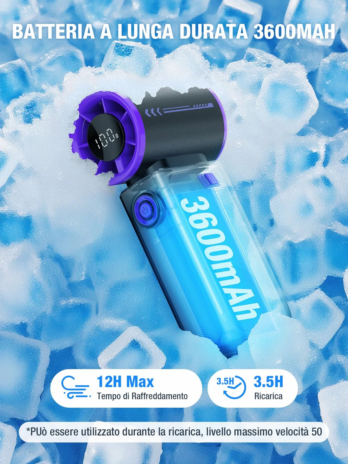 Smiling Shark TF-01 Ventilatore Turbo Portatile, Turbo Power 10m/s Alta Velocità Regolabile 1-100 Mini Ventilatore Portatile a Mano [Max 12H] con Display LED per Viaggi/Concerti/All'aperto/Campeggio