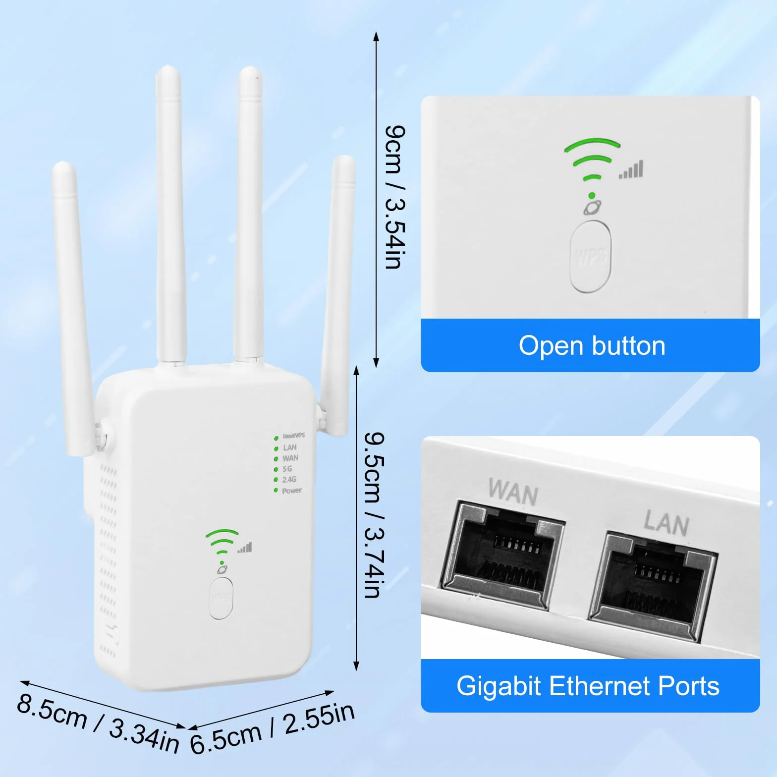 Ripetitore Wifi Potente Per Casa, Amplificatore WiFi Potente Extender WiFi 1200Mbps 5GHz & 2.4GHz Dual Band con Porta WAN, Porta LAN, Compatibile con Modem Router (Bianco)