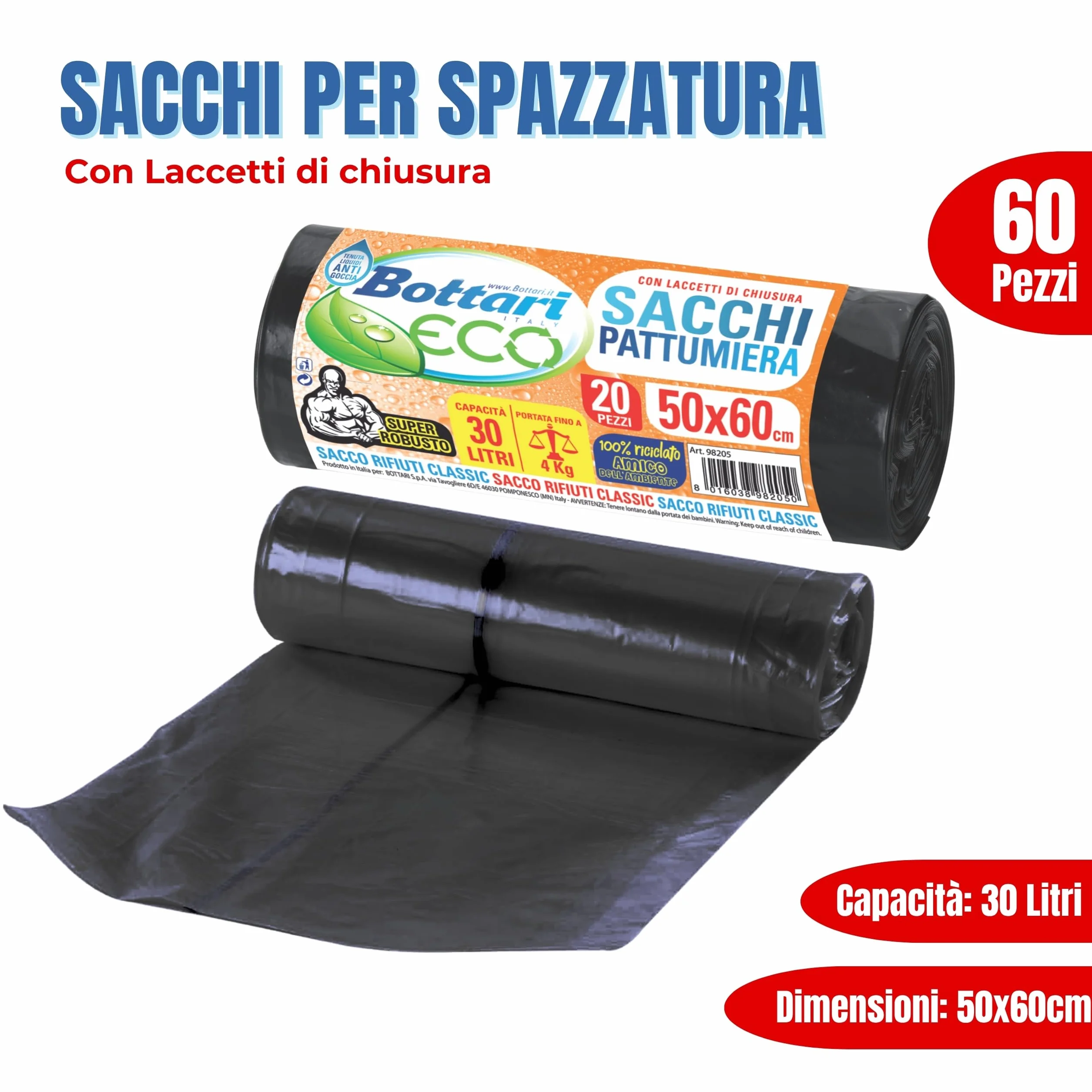 Bottari Sacchi Immondizia 30L 50x60 cm con Laccetti di Chiusura, Nero, 3 Rotoli da 20 Pezzi