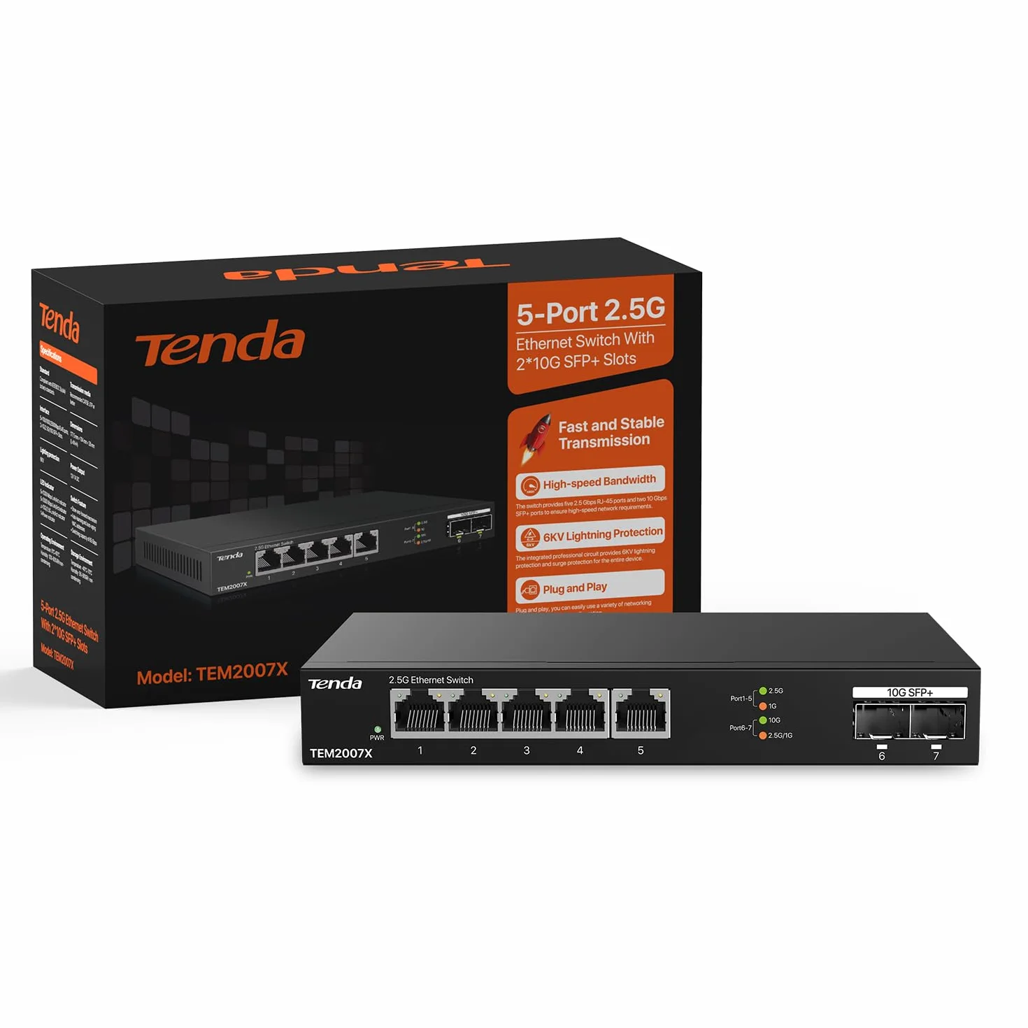 Tenda Switch Ethernet 2.5 Gigabit 5 Porte con 2 porte SFP+ 10 G (Plug and Play, senza ventola, alloggiamento in metallo, nero) (TEM2007X)