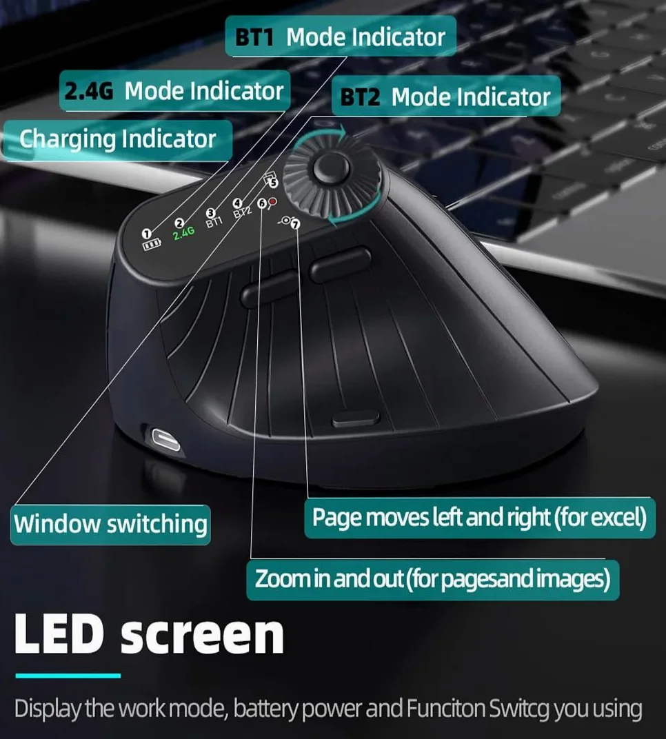 JOMAA Mouse verticale ergonomico senza fili 2,4 G e doppio Bluetooth, tre canali, DPI regolabile, piatto girevole multifunzionale, ricaricabile, per PC, laptop, MacBook (nero)
