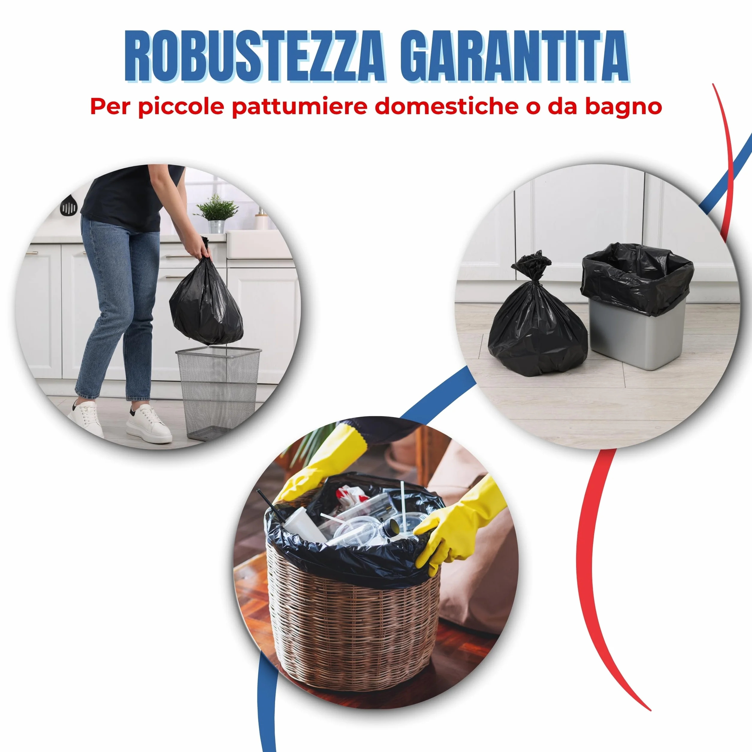 Bottari Sacchi Immondizia 30L 50x60 cm con Laccetti di Chiusura, Nero, 3 Rotoli da 20 Pezzi