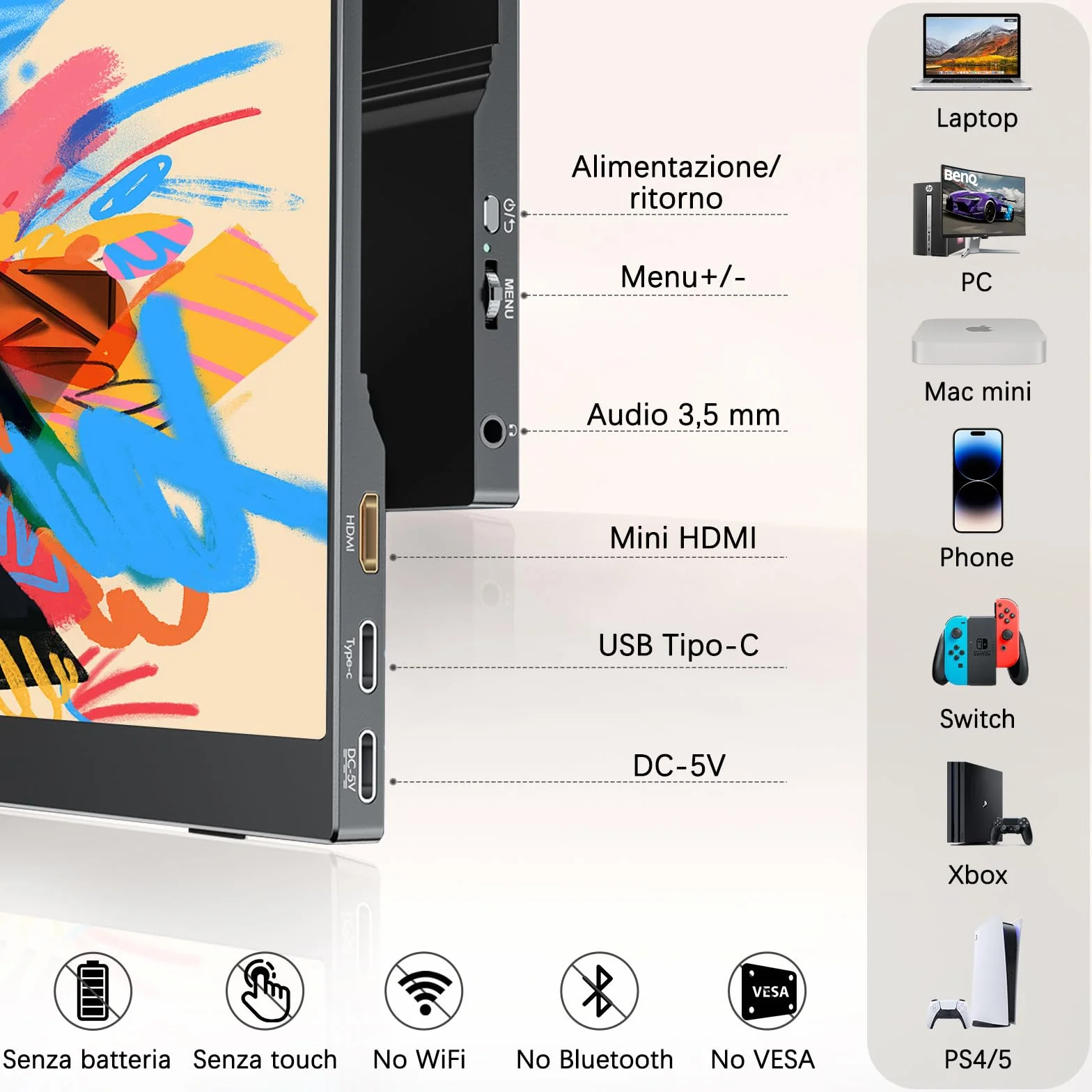 COOLHOOD Monitor Portatile 15,6 Pollici IPS, FHD 1080P 100% sRGB, Schermo Esterno USB-C/Mini HDMI, Compatibile con Laptop/PC/Telefono/PS5