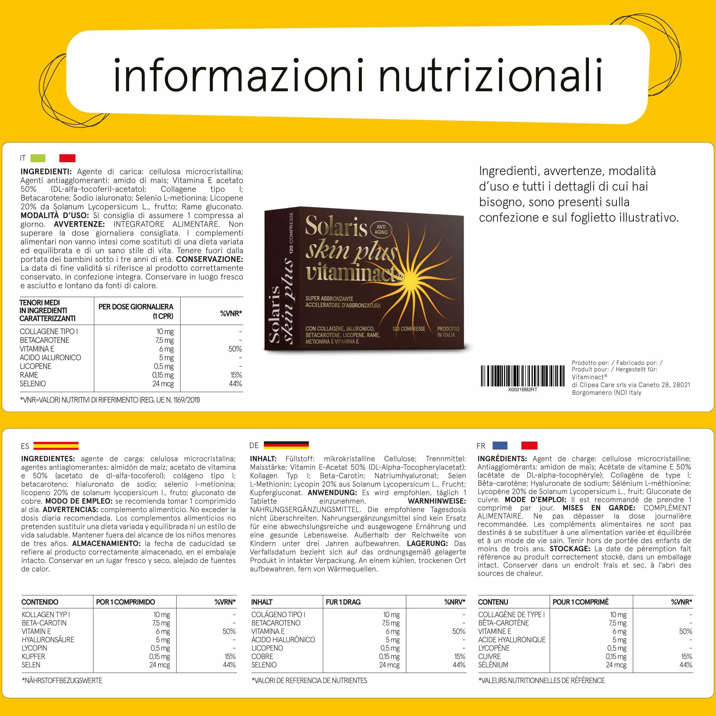 Integratore Abbronzatura SOLARIS con Collagene e Ialuronico – Betacarotene Puro – Acceleratore Abbronzatura – Attivatore Melanina – Scorta 4 mesi