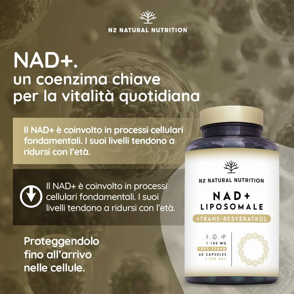 N2 Natural Nutrition NAD+ Trans Resveratrolo 1100 mg con Nicotinamide Riboside, Niacina e Vitamina E. Integratore Liposomal. 60 Capsule