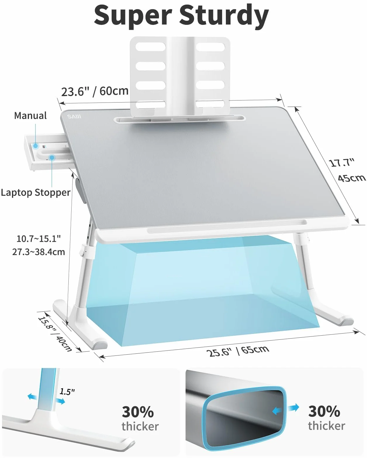 SAIJI - Tavolo per computer portatile e desktop, multi-funzione, altezza regolabile, supporto per libri e tablet, cassetto, pavimento del letto (grigio, 60 x 45 cm)