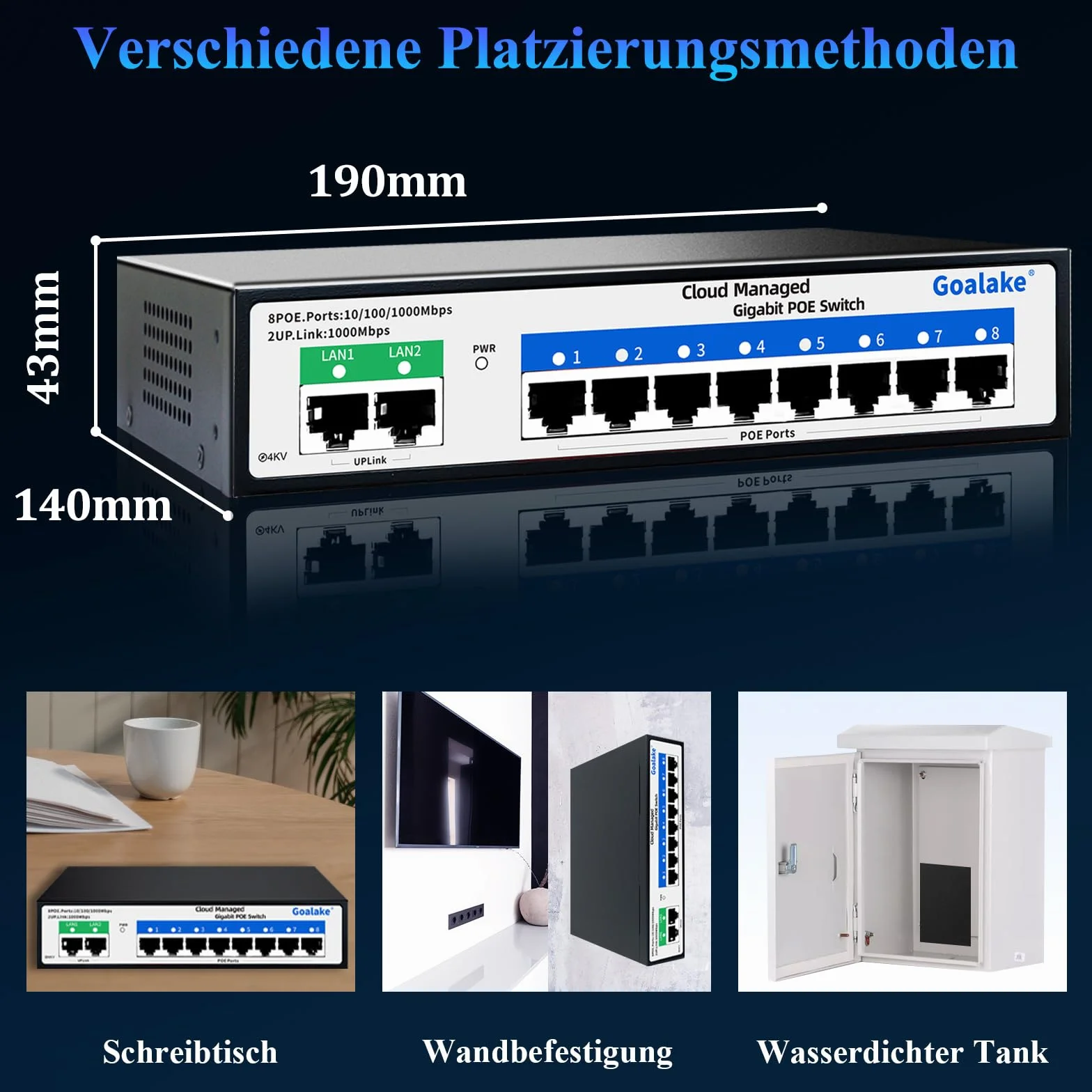 Goalake Gigabit Switch Poe a 8 Porte, Switch Ethernet Gestito Cloud, Switch PoE+ a 10 Porte da 120W, 802.3af/at, APP Easy Smart Managed, Cloud Detection, Vlan, Riavvio cloud, Cloud Ultra-remoto