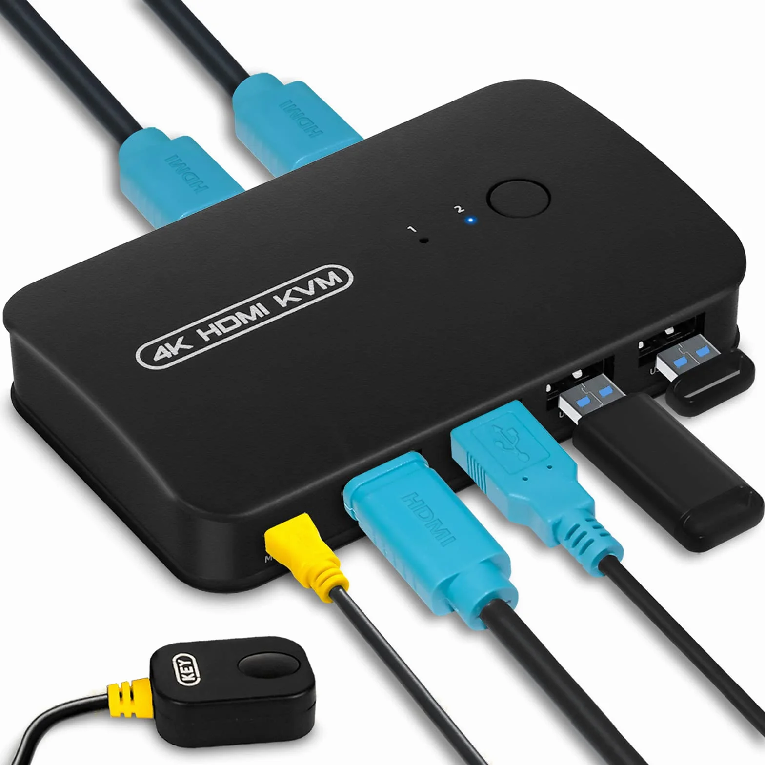 HDMI KVM Switch con 3 Porte USB, Commutatore Switch per 2 PC per Condividere Mouse, Tastiera, Hard Drive, Stampante, Scanner, 2 Cavi KVM in Dotazione