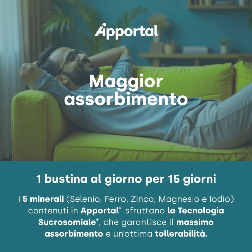 Apportal® Integratore Alimentare Tonico Energizzante 4 in 1 Ferro e Magnesio Sucrosomiale® Vitamina C 19 Nutrienti 14+14 Bustine Recupero Fisico Mentale