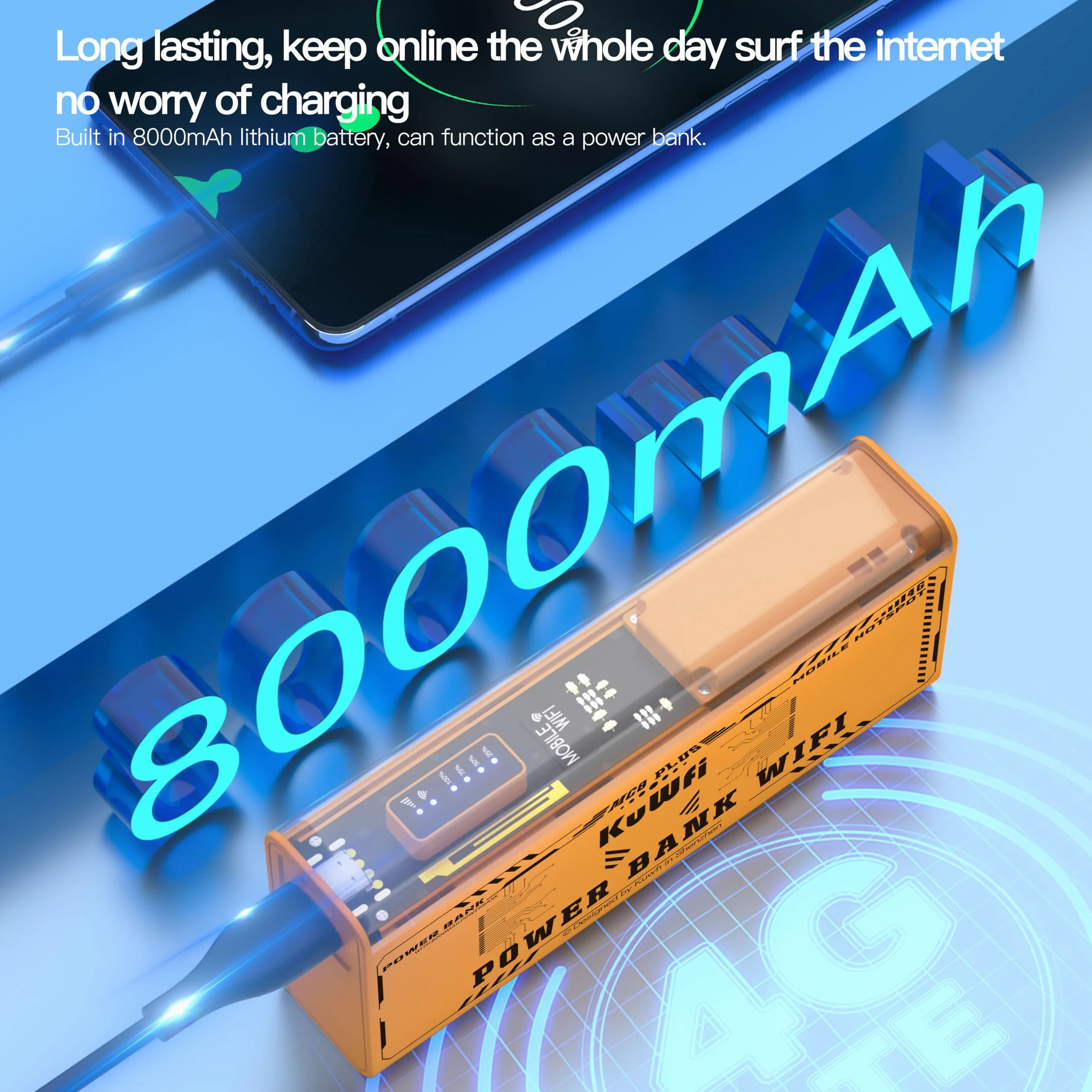 KuWFi Hotspot WiFi Portatile 4G, Router Mobile 150Mbps con Power Bank da 8000mAh per Ricaricare il Telefono, Alimentazione di Emergenza, Supporta fino a 10 Utenti – Per Viaggi, Casa, Ufficio