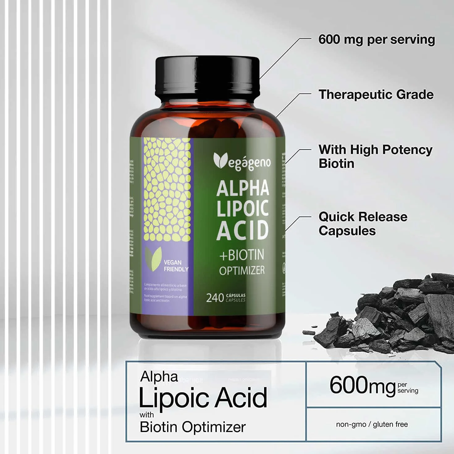 Acido Alfa Lipoico (ALA) + BIOTINA Optimizer 600 mg. 240 capsule vegetali. Antiossidante naturale. Senza glutine. Non OGM. Adatto a vegani