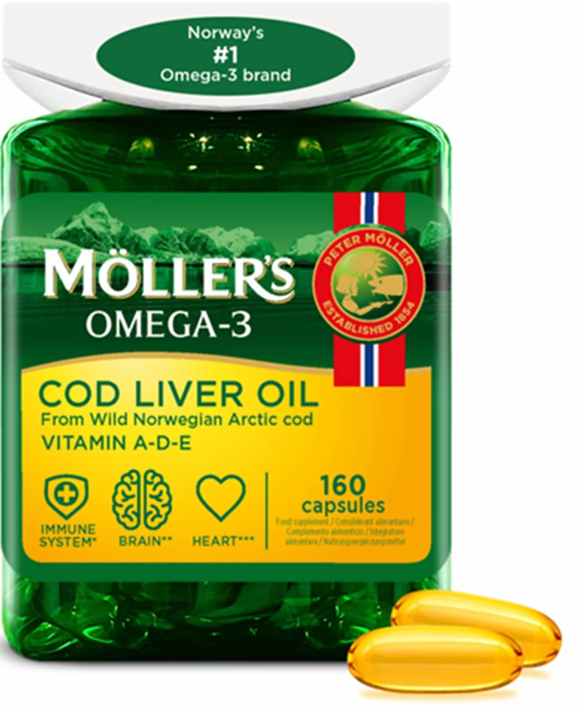 Möller’s Capsule olio di fegato di merluzzo Omega 3 DHA EPA vitamine A D E 160 pezzi