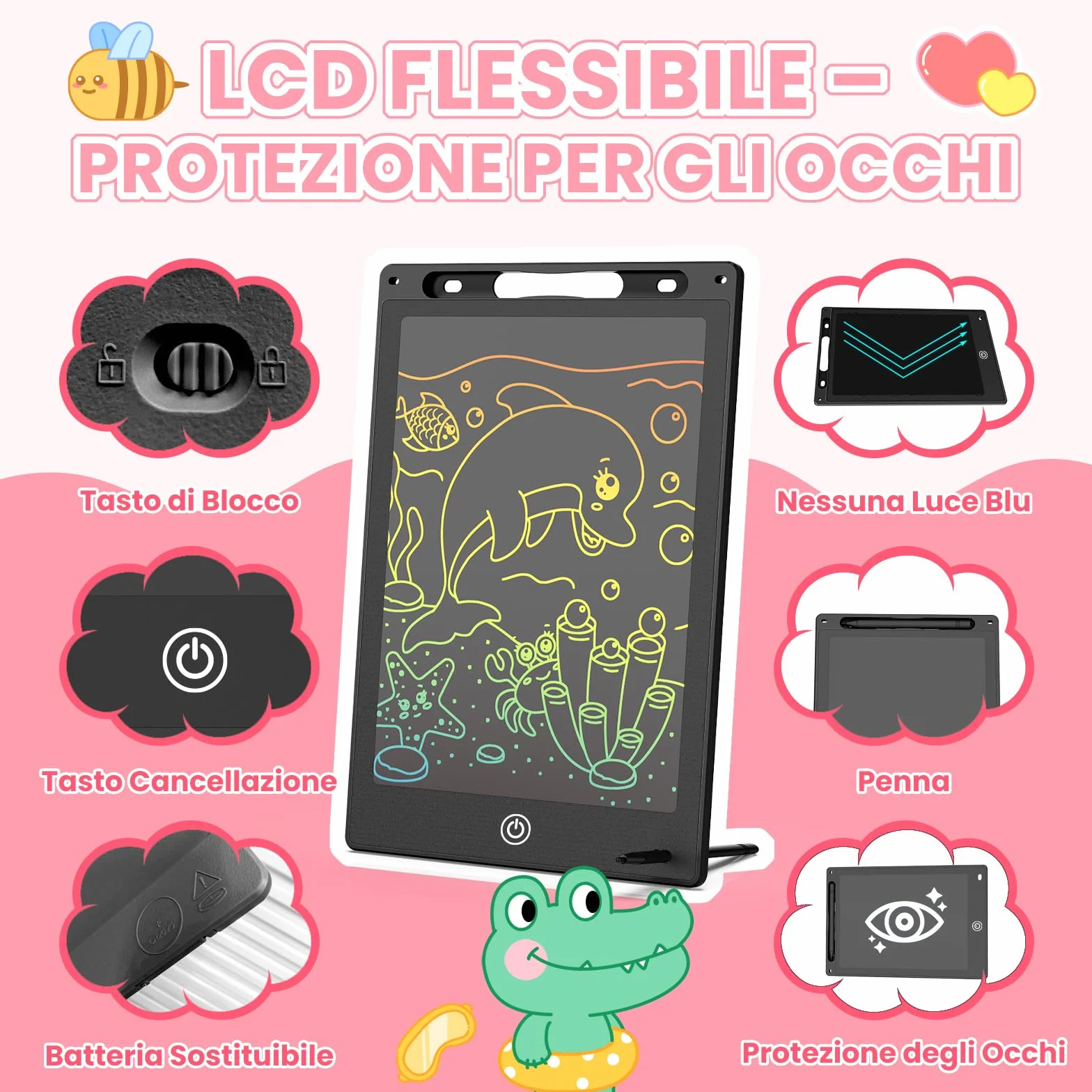 Tavoletta Grafica LCD Scrittura Colorata 10 inch Lavagna Digitale Cancellabile con Blocco Schermo