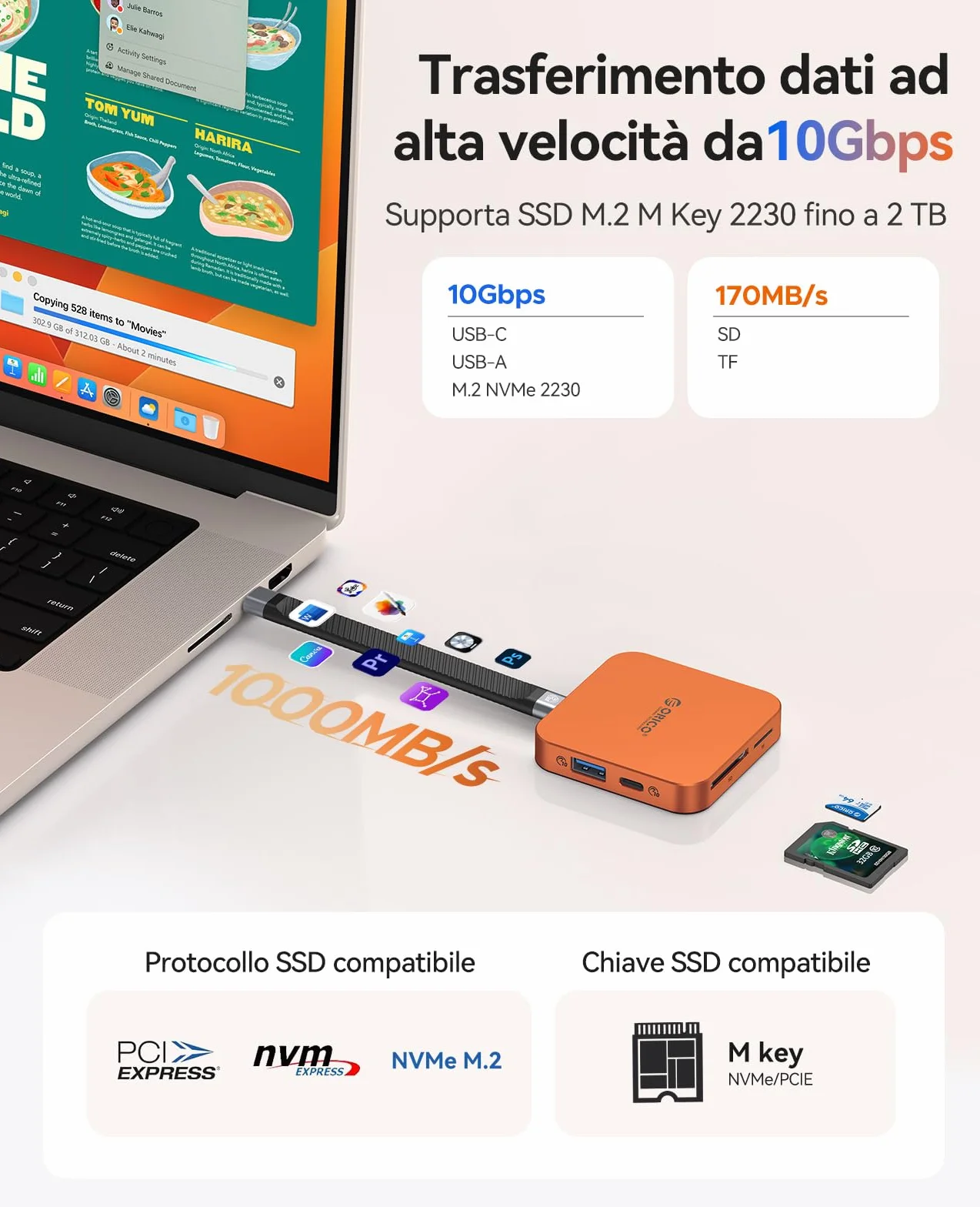 ORICO Docking Station USB-C Magnetica, Custodia SSD M.2 NVMe, Dockingstation 8 in 1 con HDMI 4K@60Hz, PD 100W, USB-A/USB-C 10 Gbps, Audio, Hub USB-C Dockingstation per iPhone/Pro Max/Dell Lenovo MG7