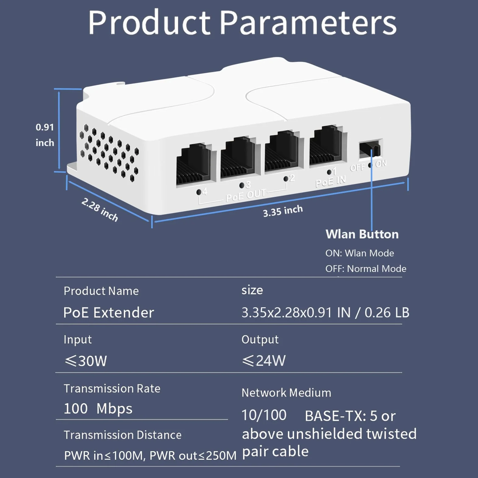 Extender PoE a 4 porte 1 in 3 Out-IEEE 802.3af/at, 30 W in uscita 24 W Ripetitore PoE 10/100 Mbps, Vlan ed estensione fino a 250 m, rilevamento automatico PD, Din-Rail e montaggio a parete