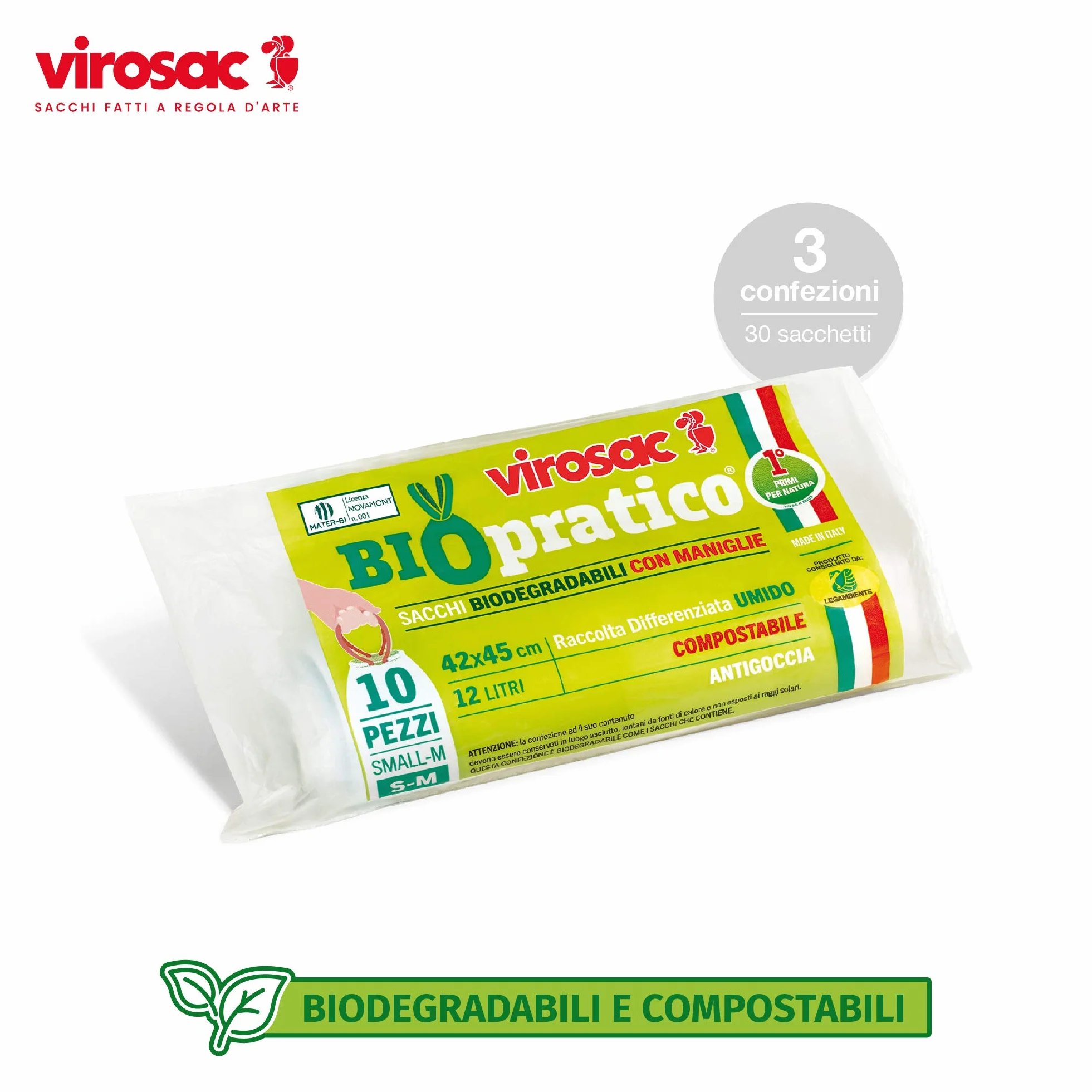 Virosac Biopratico Sacchetti per rifiuti biodegradabili 42x45 con maniglie estraibili 10 pezzi per rotolo kit 3 rotoli
