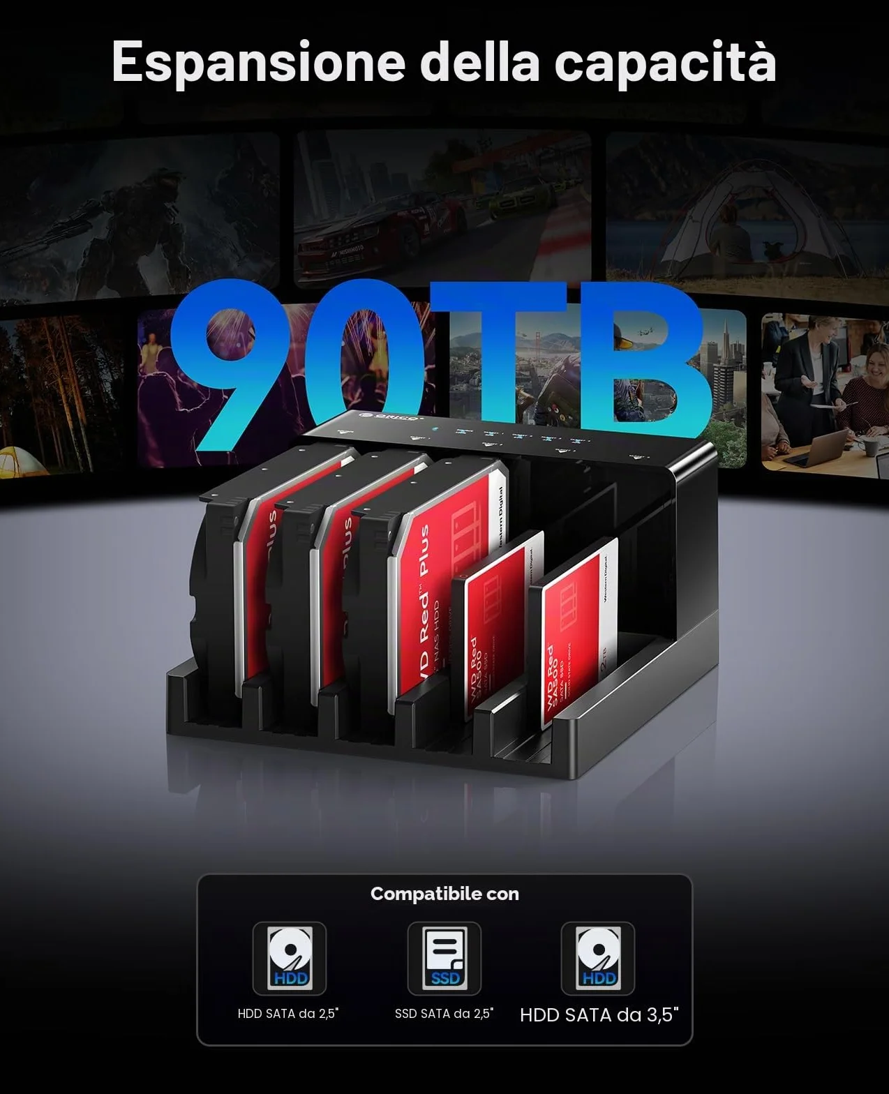 ORICO USB 3.0 Hard Disk Docking Station 5-slot HDD SATA 3,5 Pollici Clone Offline Esterna 90 TB 6558US3-C