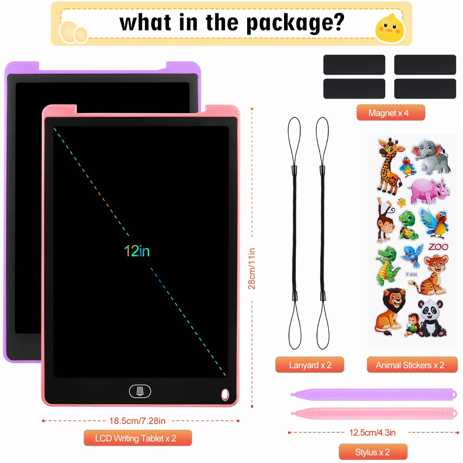 Tavoletta Grafica LCD 13 Pollici Schermo Colorato per Bambini, Taccuino Cancellabile con Adesivi Animali, Rosa e Viola, 2 Pezzi