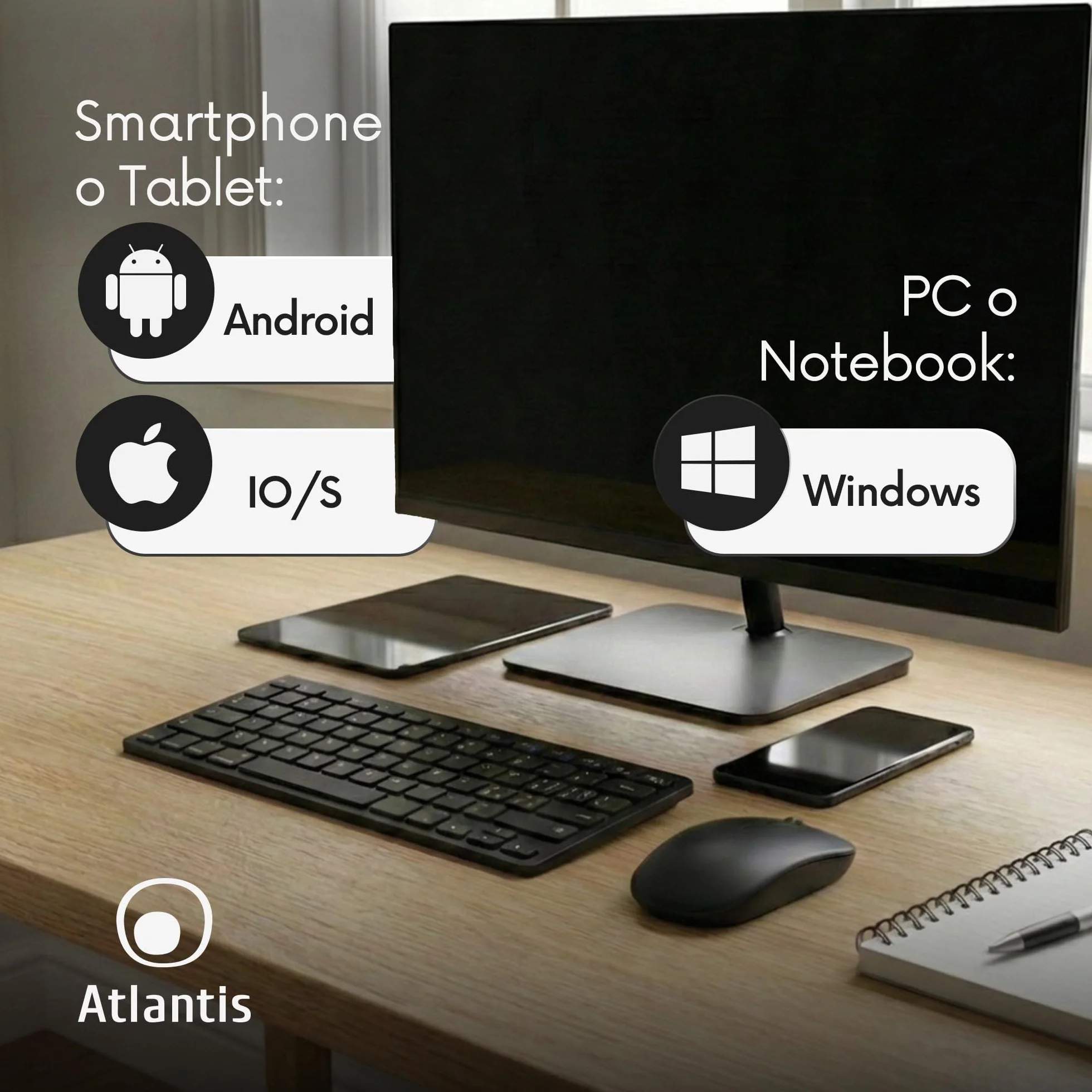 Atlantis ARGO 900Pro Combo KIT Mini Tastiera Ultraslim + Mouse - Wireless senza fili RF + Bluetooth, QWERTY 78 tasti “chocolate key”, per PC/Notebook/Smartphone/Tablet/iOS/Android, Nero