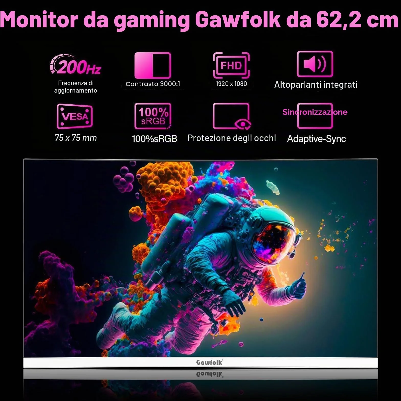 Gawfolk Monitor da Gaming 25" | 180Hz/200Hz | AMD FreeSync | Pannello IPS | Design Senza Bordi | Altoparlanti Integrati | per PC, PS5, Xbox