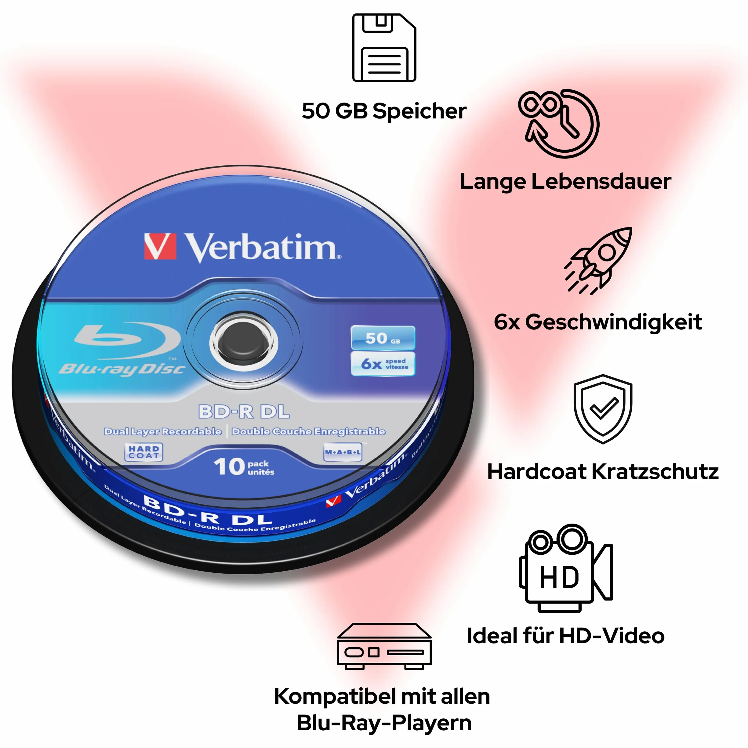 Verbatim BD-R Blu Ray Disc 50 GB, 6X, Dual Layer Recordable, Confezione da 10