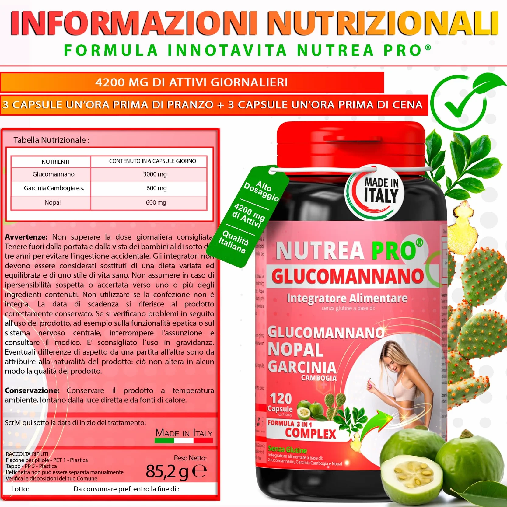 Glucomannano Forte 4200mg Integratore Fibre Naturali 120 Capsule Made in Italy NUTREAPRO®