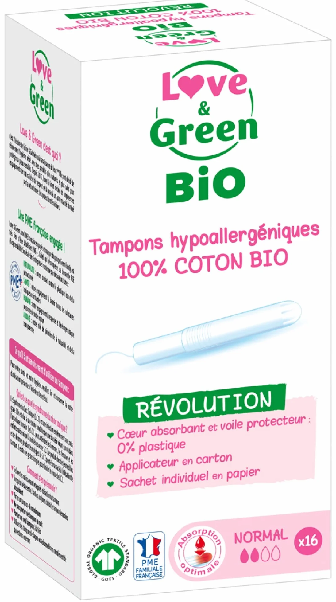 Love & Green Tamponi ecologici 100% cotone biologico Normale con applicatore 16 sztuk