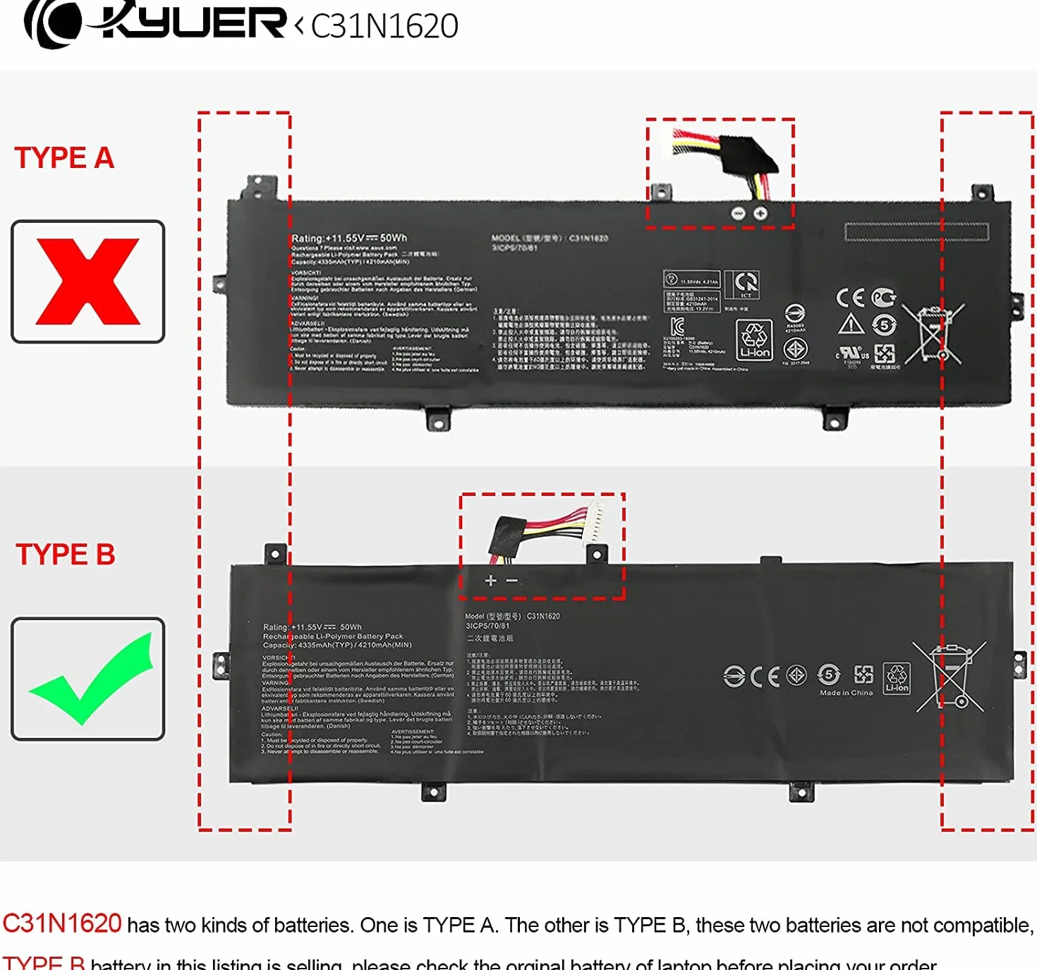 K KYUER 50Wh C31N1620 Batteria per Asus Zenbook UX430 UX430U UX430UA UX430UAR UX430UN UX430UNR UX430UQ U4100 U4100U U4100UN U4100UQ UX3400 UX3400U UX3400UA UX3400UN UX3400UQ BX430 BX430UA UX3430UQ